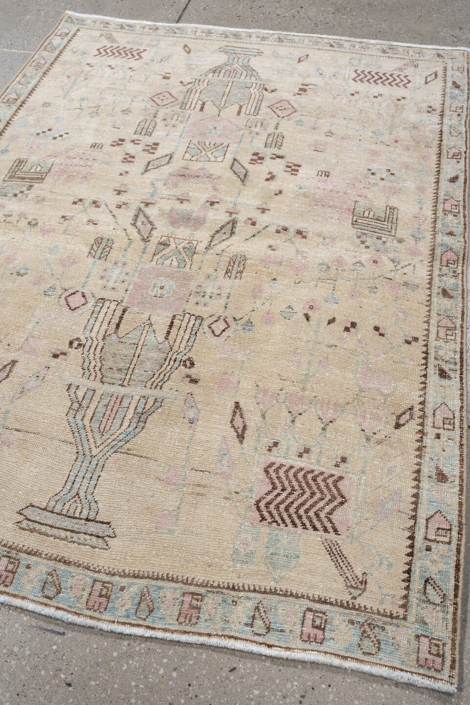 3' x 5' one-of-a-kind handmade antique Afshar small size rug. Color palette: ivory, sky blue, blush, taupe, brown, camel