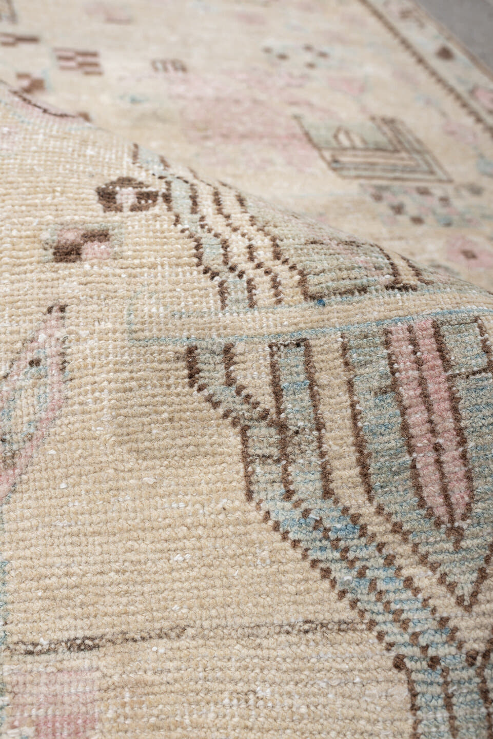 3' x 5' one-of-a-kind handmade antique Afshar small size rug. Color palette: ivory, sky blue, blush, taupe, brown, camel
