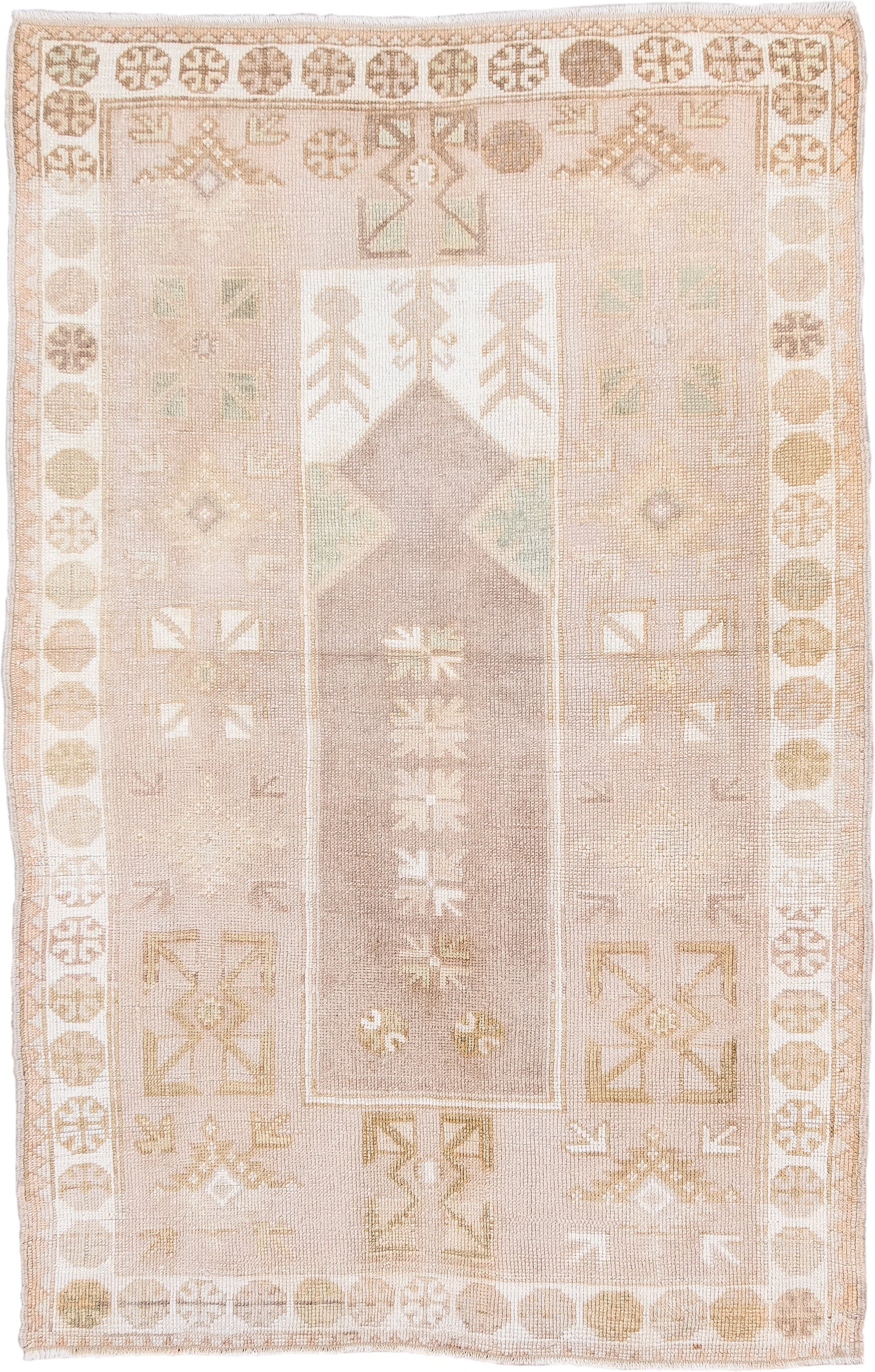 3' x 5' one-of-a-kind handmade antique Anatolian small size rug. Color palette: ivory, sand, taupe, beige, camel, sage, gray