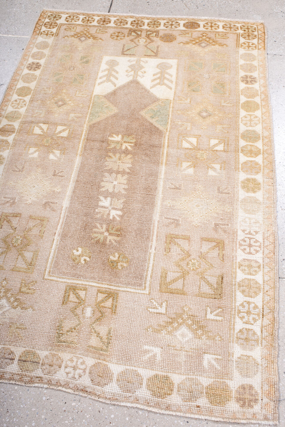 3' x 5' one-of-a-kind handmade antique Anatolian small size rug. Color palette: ivory, sand, taupe, beige, camel, sage, gray