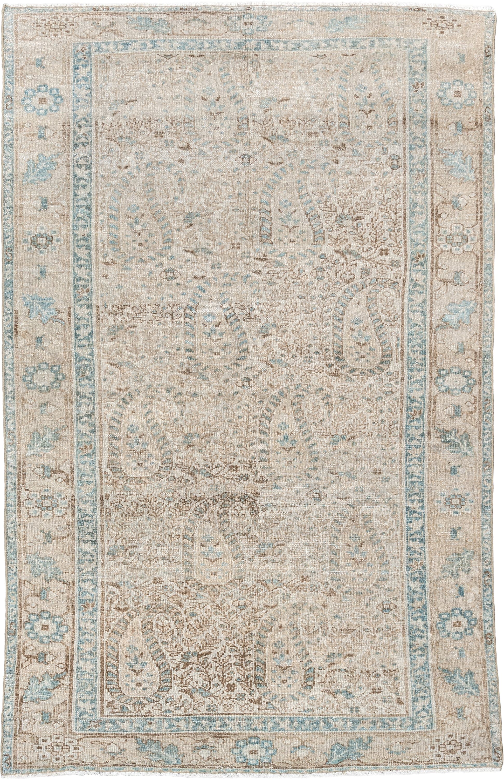 4' x 6' one-of-a-kind handmade antique Malayer rug. Color palette: ivory, light blue, taupe, beige, camel, brown, gray