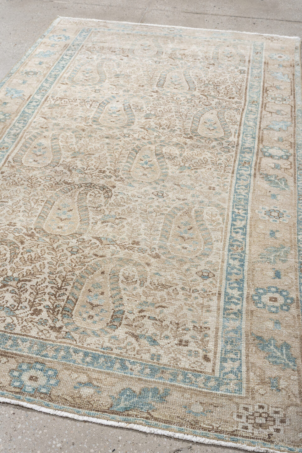 4' x 6' one-of-a-kind handmade antique Malayer rug. Color palette: ivory, light blue, taupe, beige, camel, brown, gray