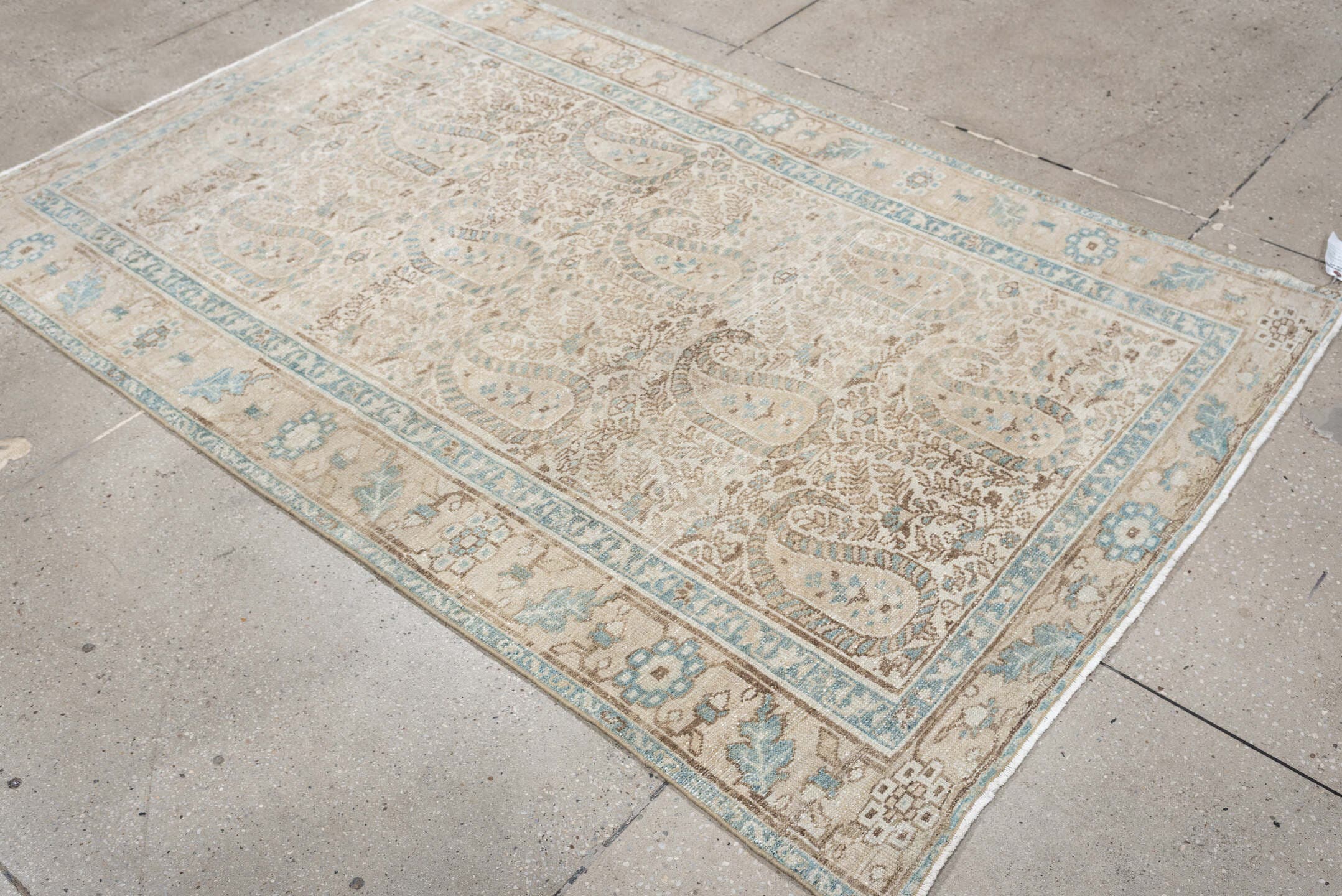 4' x 6' one-of-a-kind handmade antique Malayer rug. Color palette: ivory, light blue, taupe, beige, camel, brown, gray