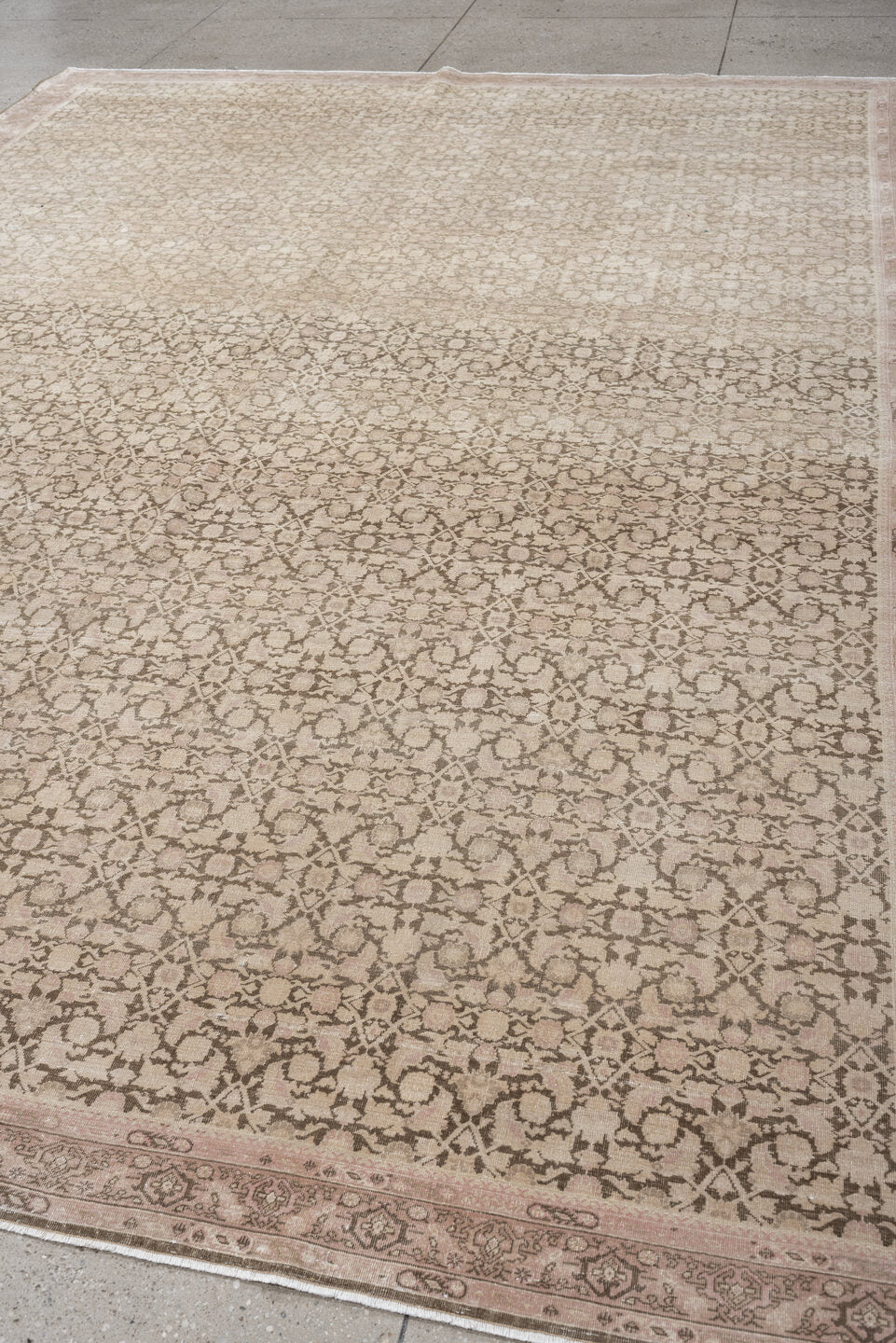 9' x 12' one-of-a-kind handmade vintage Tabriz large size rug. Color palette: ivory, taupe, blush, beige, sand, greige, gray