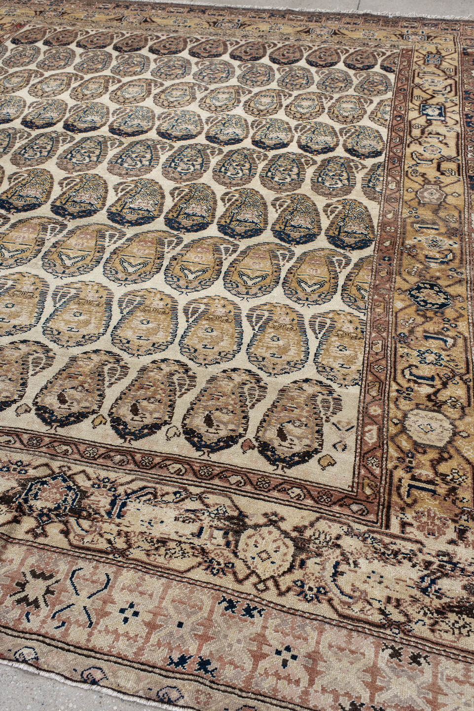 10' x 11' one-of-a-kind handmade vintage Malayer large size rug. Color palette: ivory, taupe, camel, navy, blush, brown