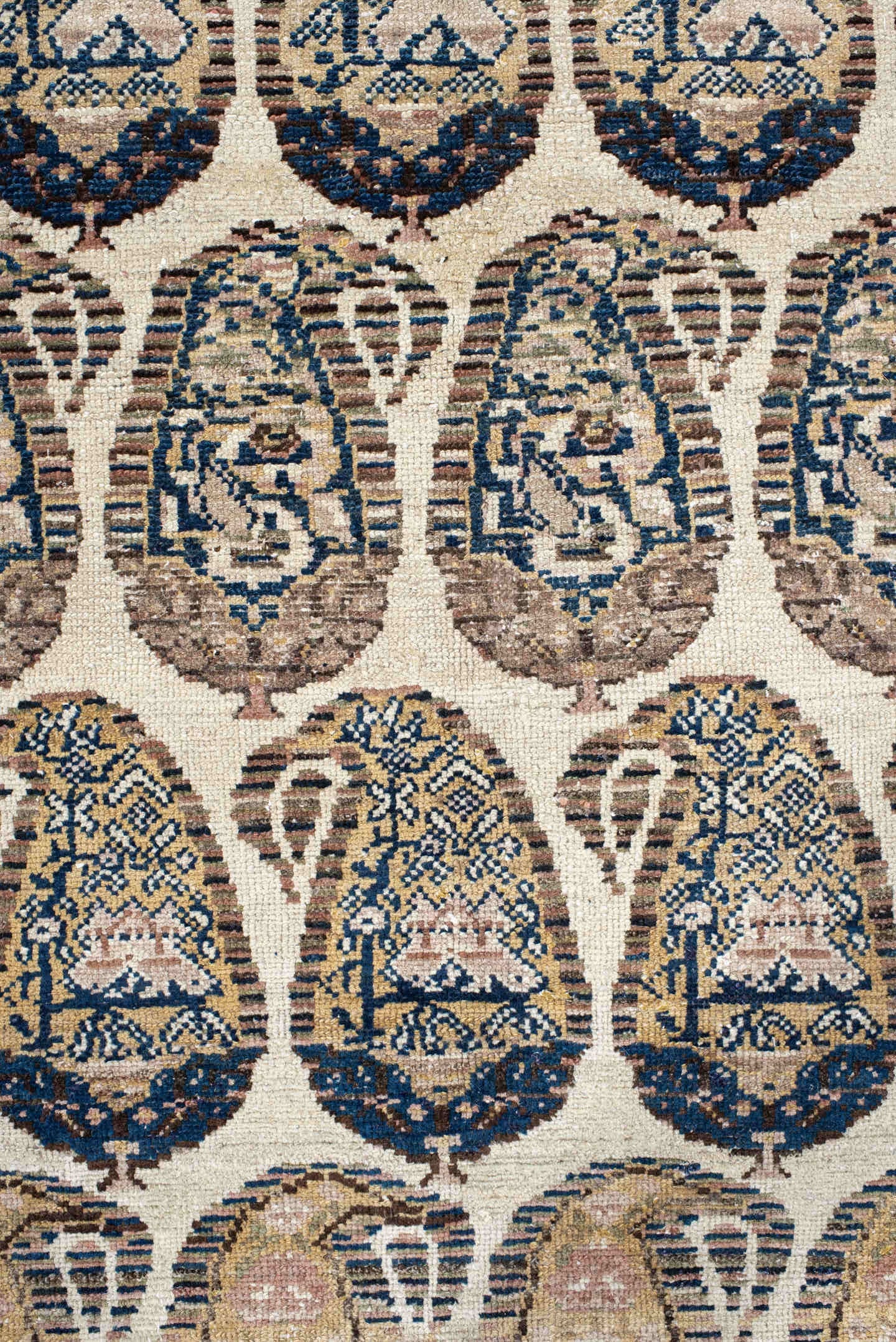 10' x 11' one-of-a-kind handmade vintage Malayer large size rug. Color palette: ivory, taupe, camel, navy, blush, brown