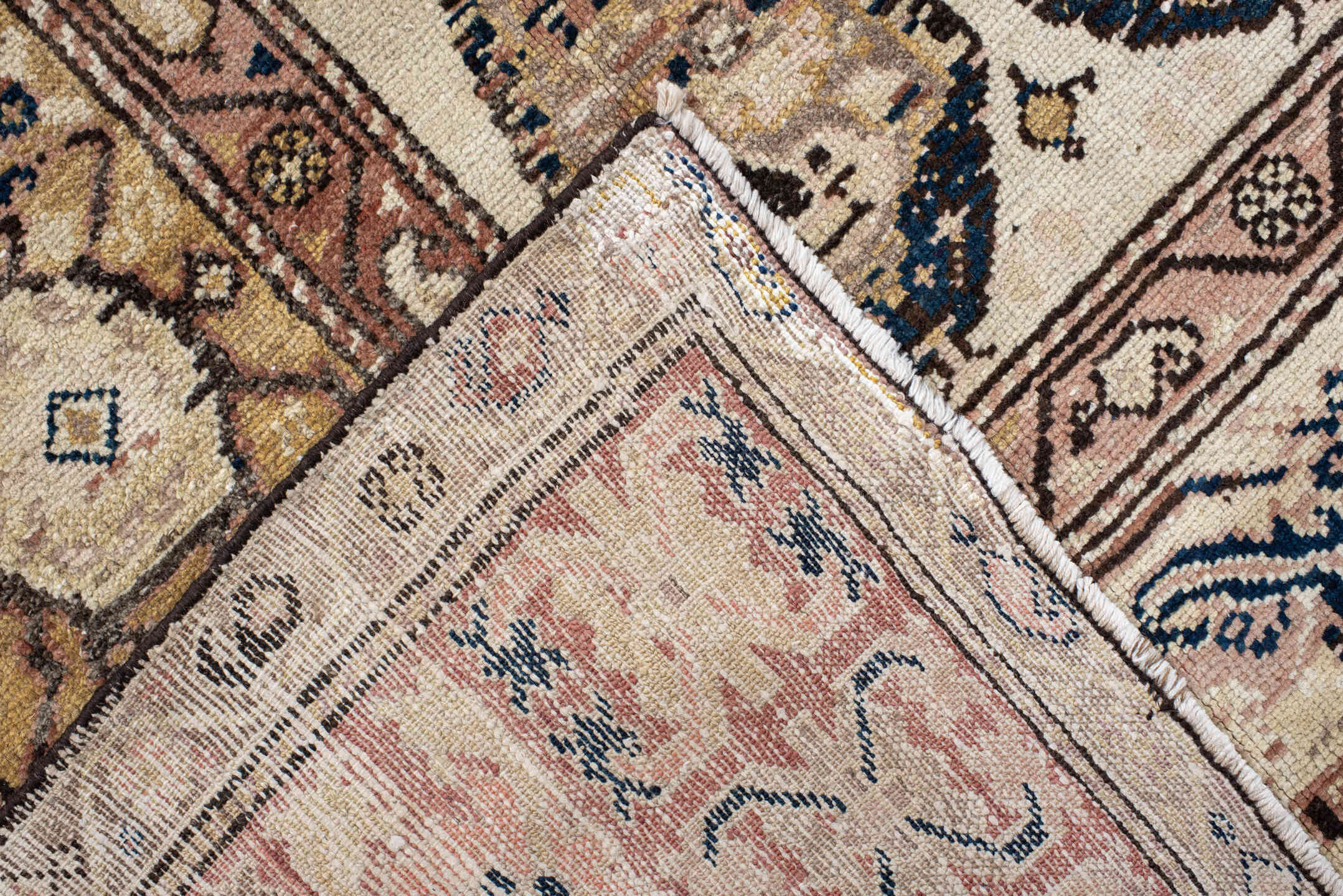 10' x 11' one-of-a-kind handmade vintage Malayer large size rug. Color palette: ivory, taupe, camel, navy, blush, brown