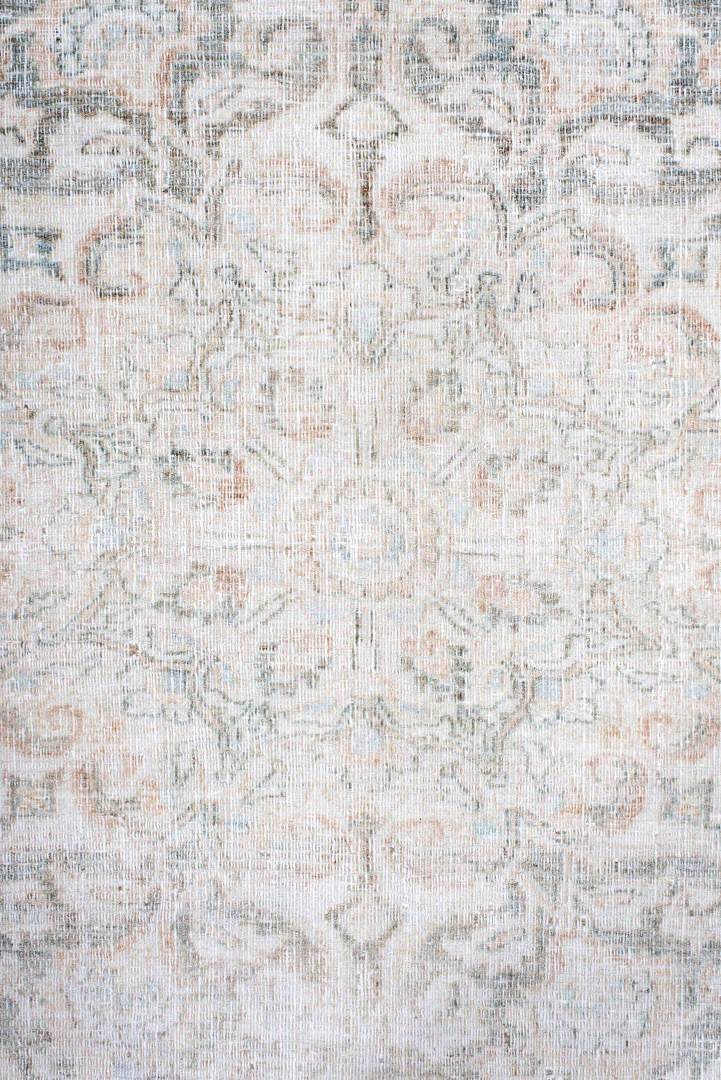 10' x 12' one-of-a-kind handmade antique Khorassan oversize rug. Color palette: ivory, pale blue, cream, blush, taupe, sage