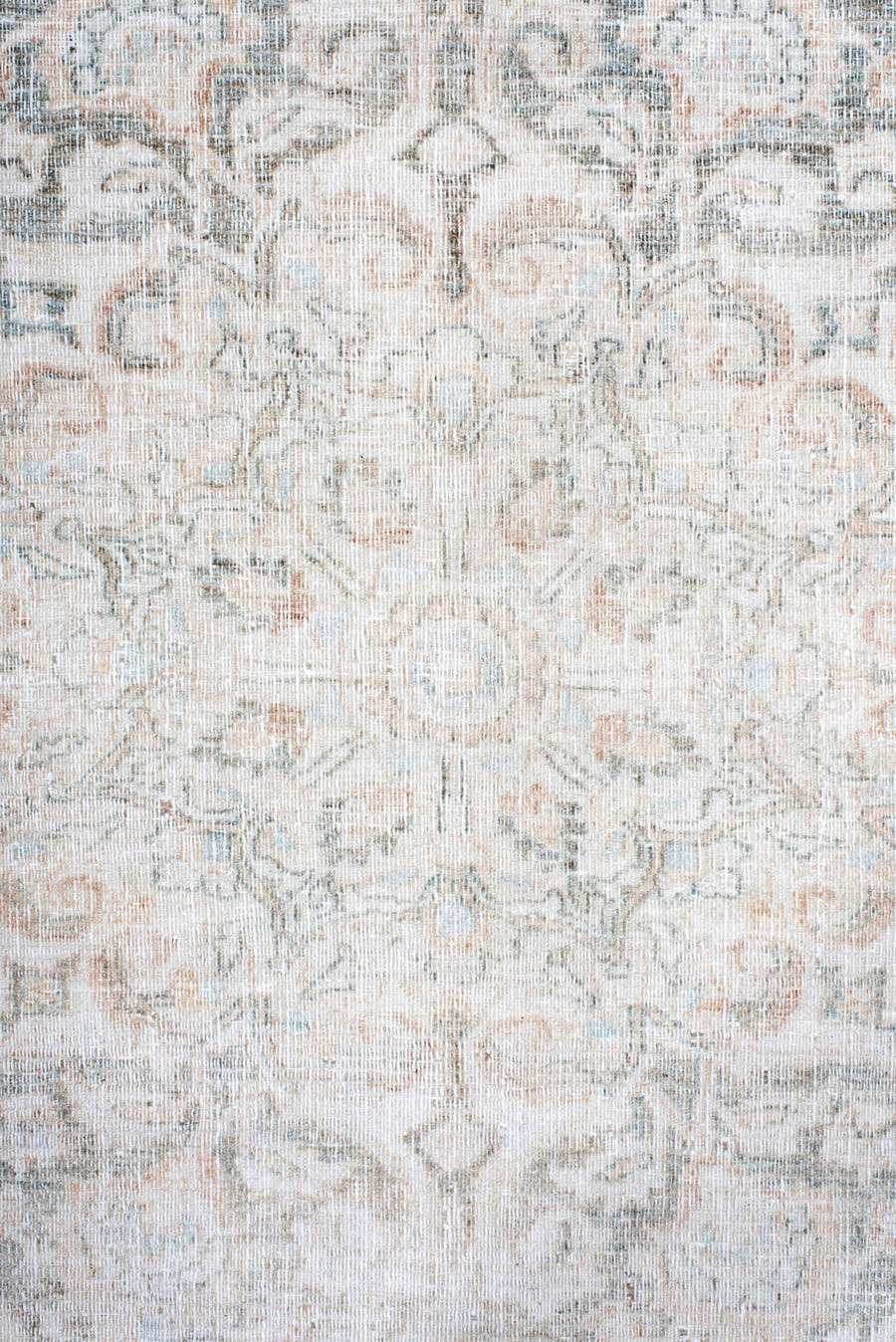 10' x 12' one-of-a-kind handmade antique Khorassan oversize rug. Color palette: ivory, pale blue, cream, blush, taupe, sage