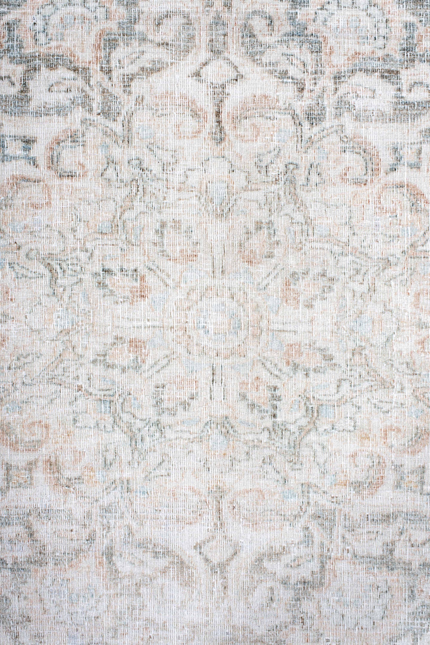 10' x 12' one-of-a-kind handmade antique Khorassan oversize rug. Color palette: ivory, pale blue, cream, blush, taupe, sage