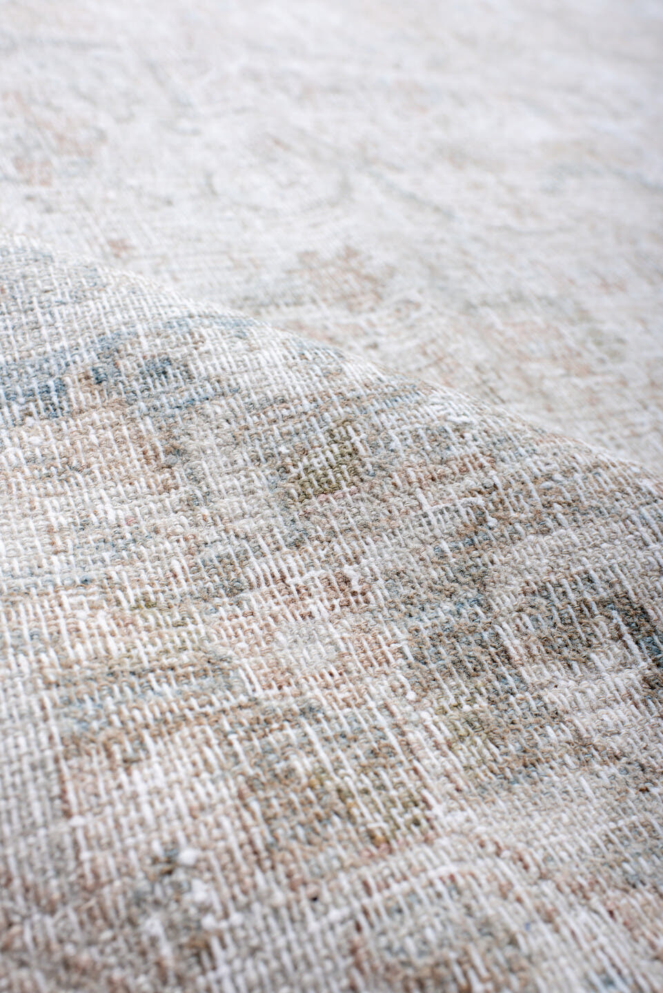 10' x 12' one-of-a-kind handmade antique Khorassan oversize rug. Color palette: ivory, pale blue, cream, blush, taupe, sage
