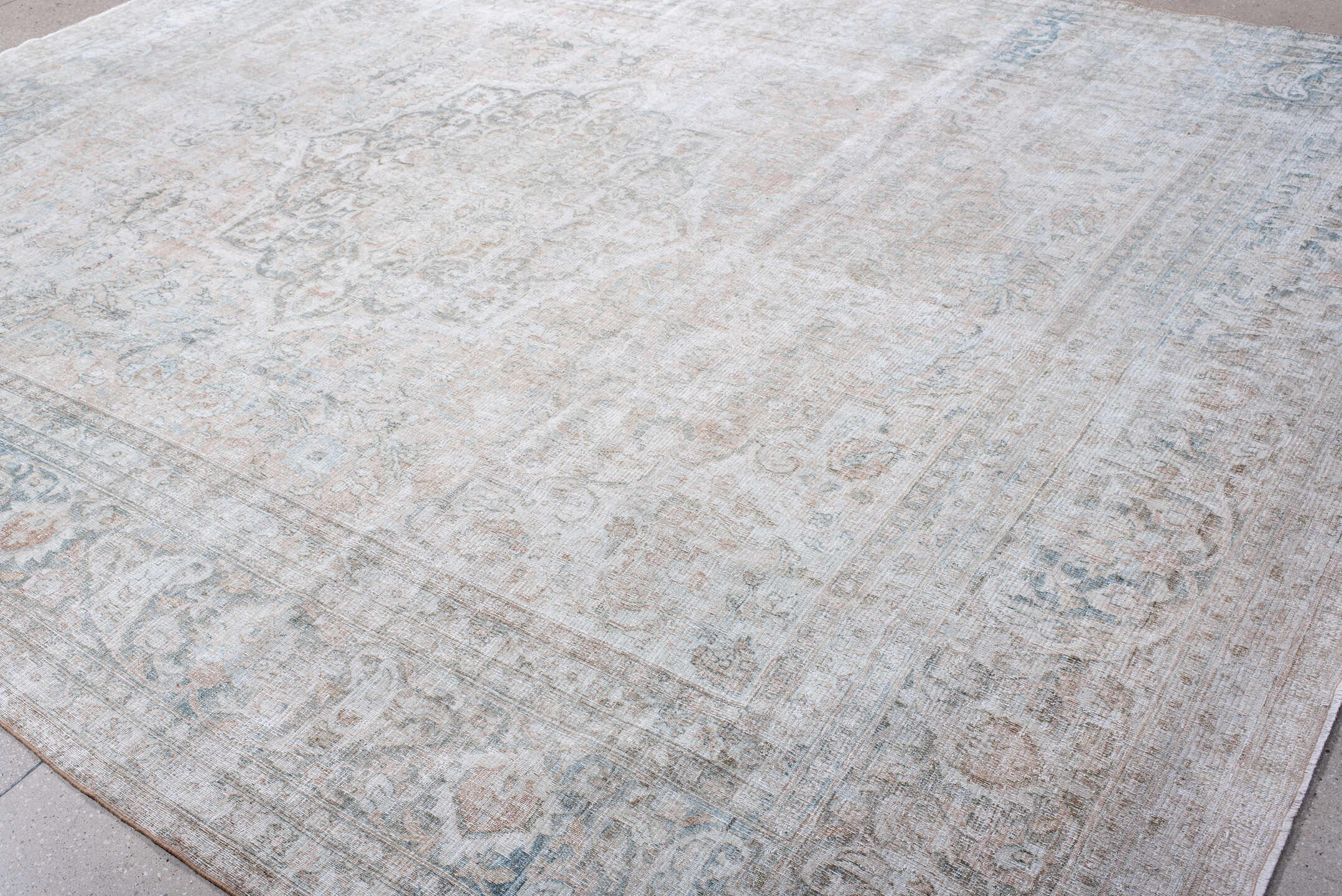 10' x 12' one-of-a-kind handmade antique Khorassan oversize rug. Color palette: ivory, pale blue, cream, blush, taupe, sage