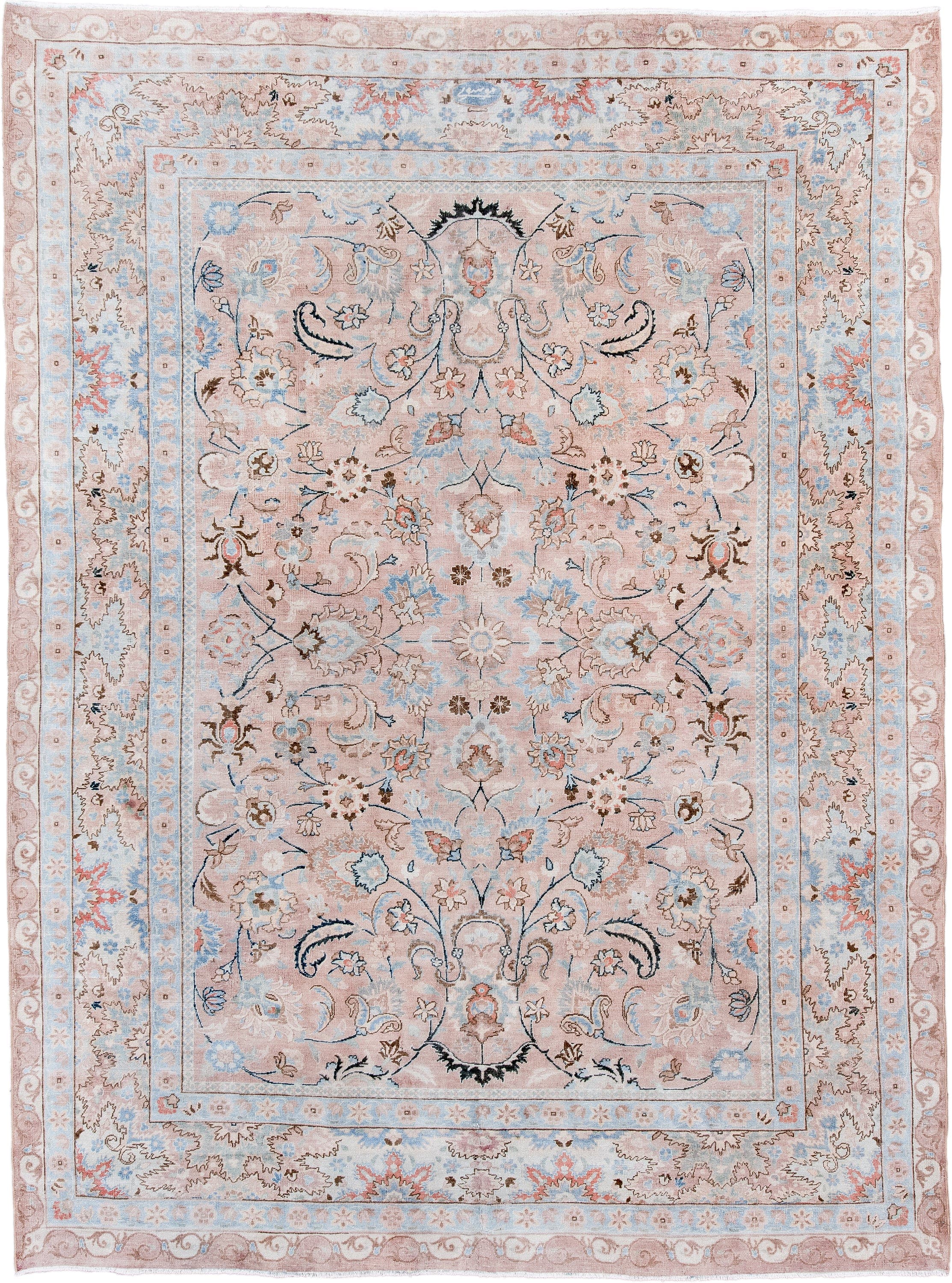 8' x 10' one-of-a-kind handmade antique Tabriz large size rug. Color palette: blush, ivory, pale blue, taupe, camel