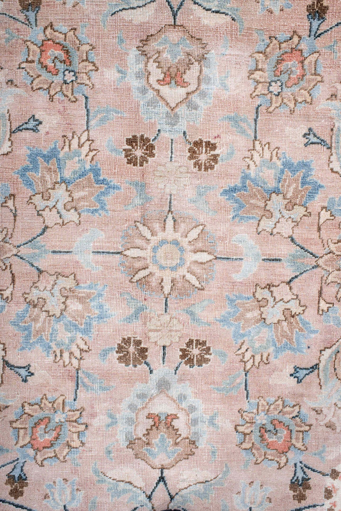 8' x 10' one-of-a-kind handmade antique Tabriz large size rug. Color palette: blush, ivory, pale blue, taupe, camel