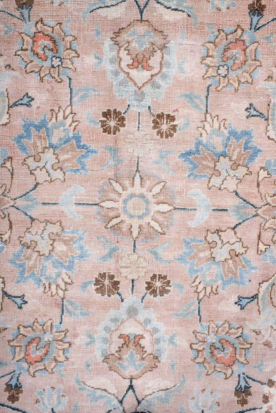8' x 10' one-of-a-kind handmade antique Tabriz large size rug. Color palette: blush, ivory, pale blue, taupe, camel