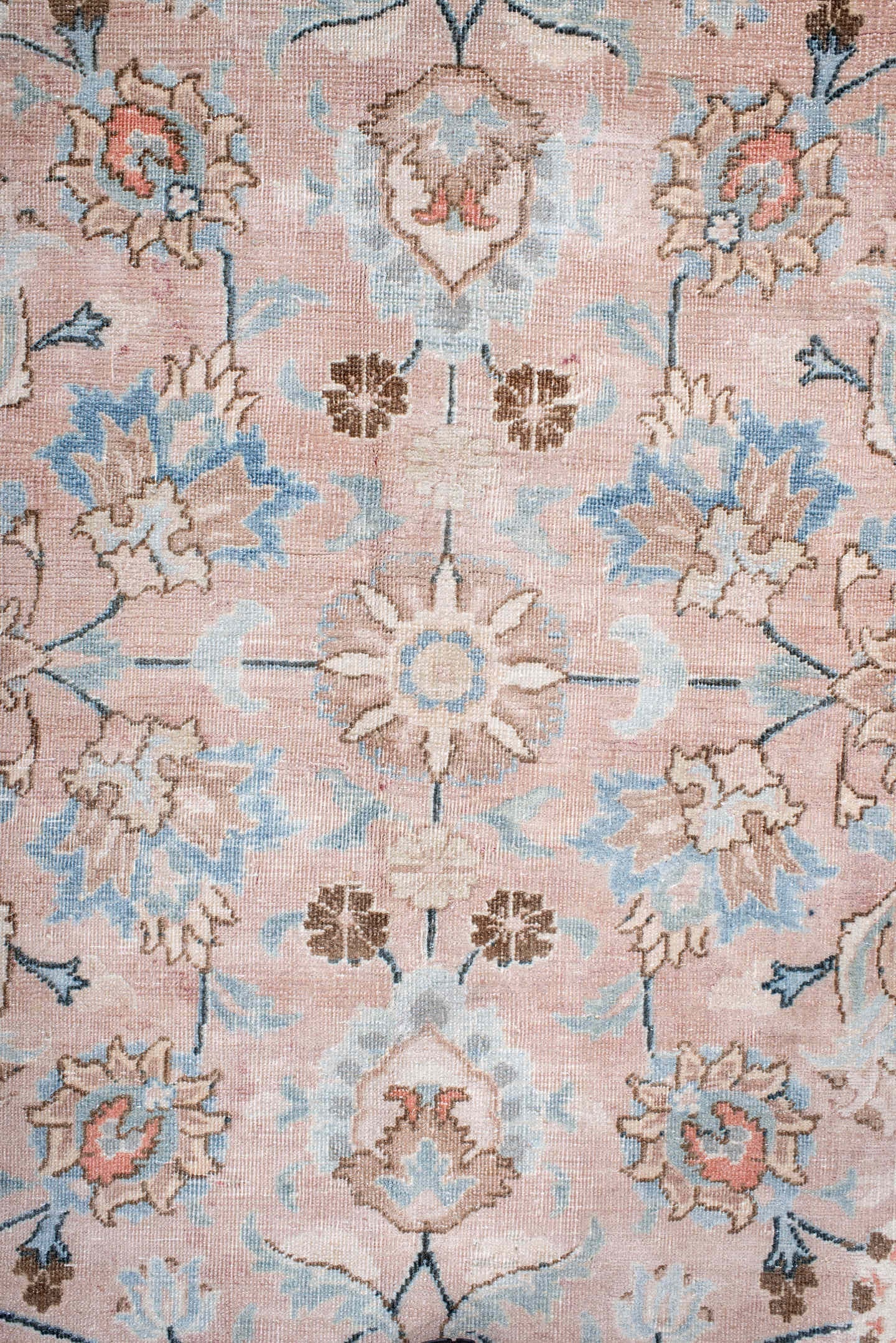 8' x 10' one-of-a-kind handmade antique Tabriz large size rug. Color palette: blush, ivory, pale blue, taupe, camel
