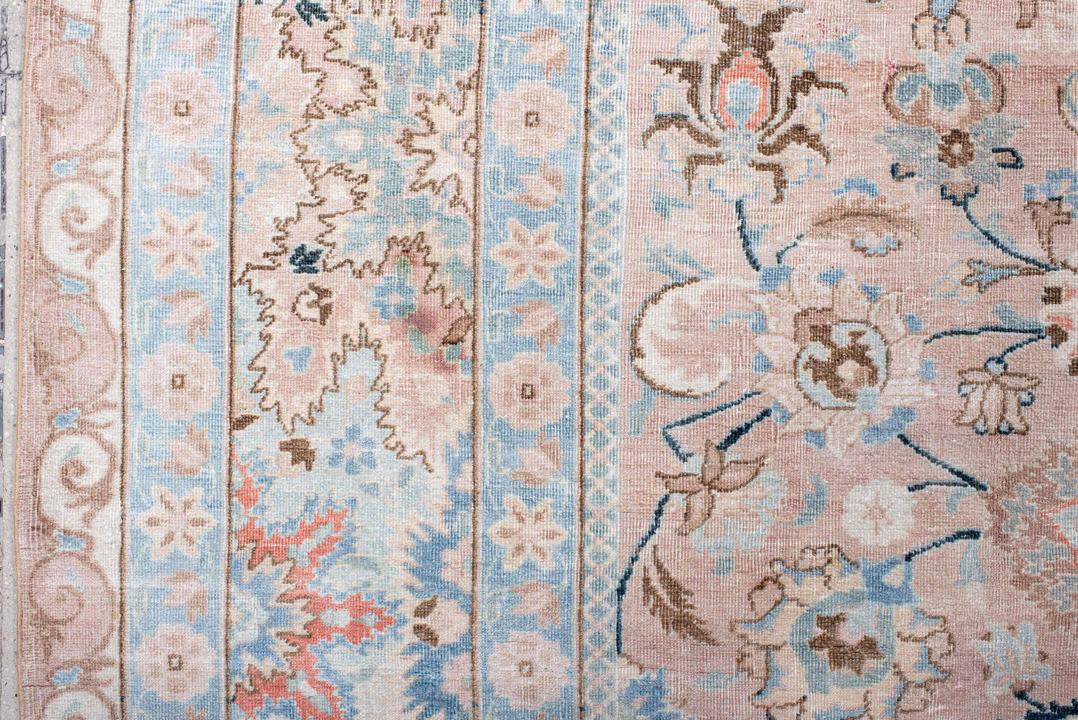 8' x 10' one-of-a-kind handmade antique Tabriz large size rug. Color palette: blush, ivory, pale blue, taupe, camel
