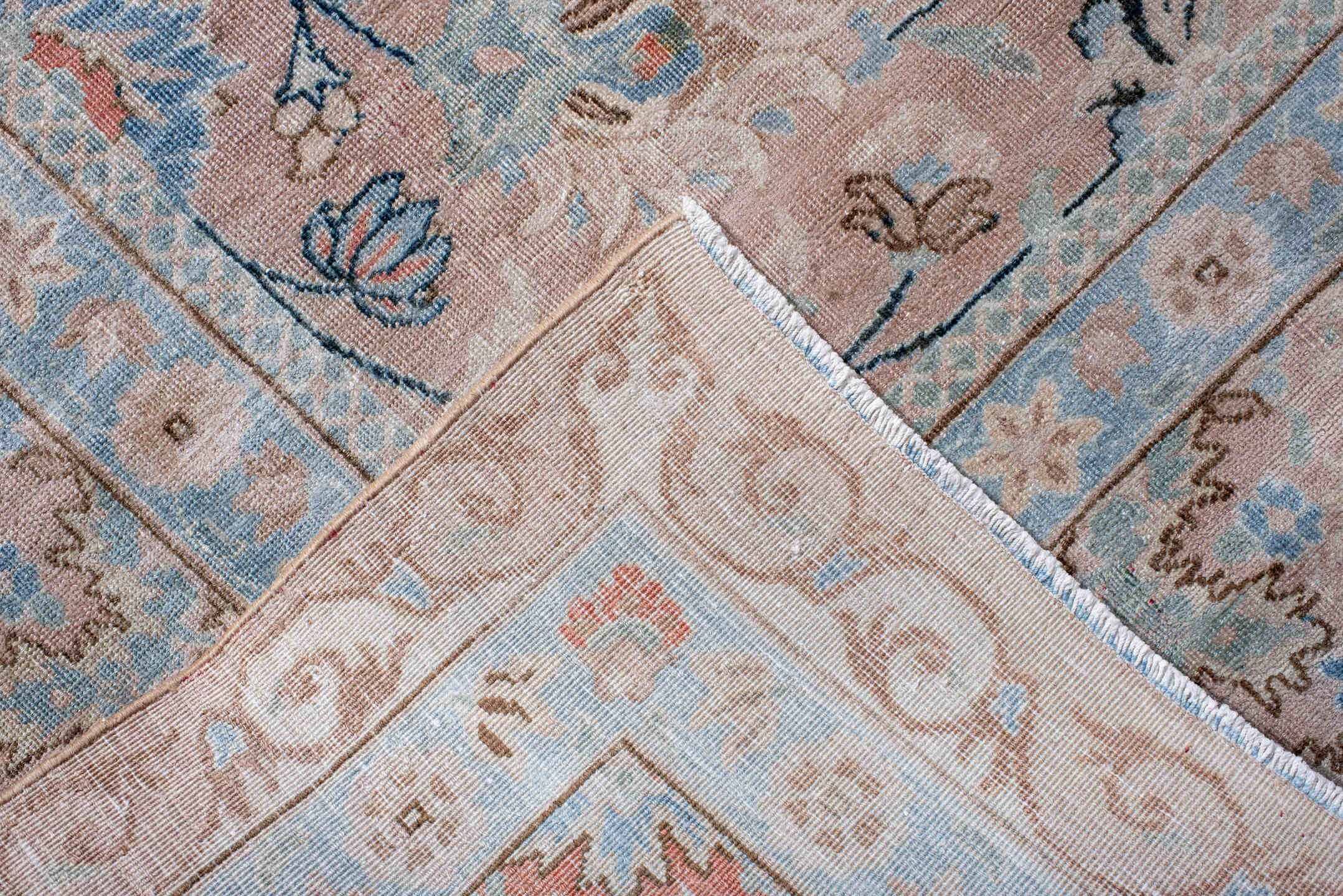 8' x 10' one-of-a-kind handmade antique Tabriz large size rug. Color palette: blush, ivory, pale blue, taupe, camel