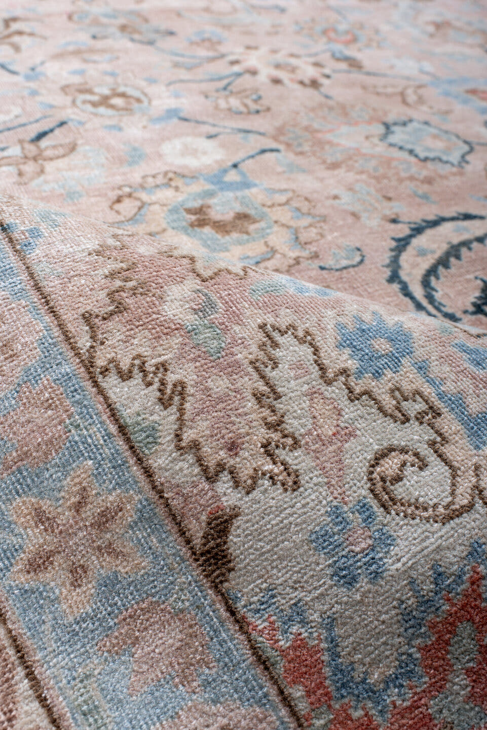 8' x 10' one-of-a-kind handmade antique Tabriz large size rug. Color palette: blush, ivory, pale blue, taupe, camel