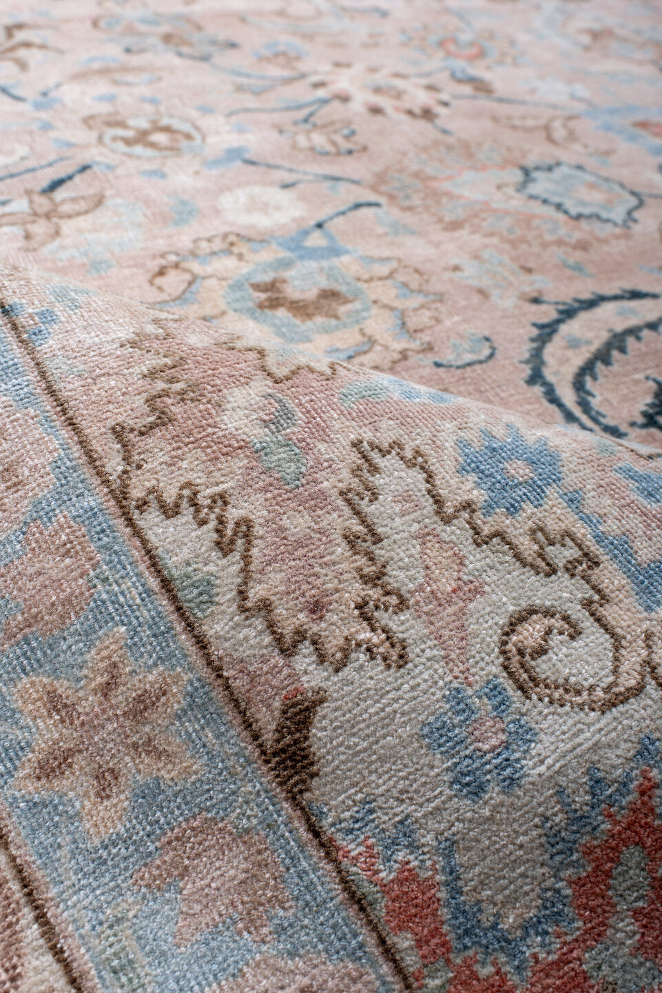 8' x 10' one-of-a-kind handmade antique Tabriz large size rug. Color palette: blush, ivory, pale blue, taupe, camel