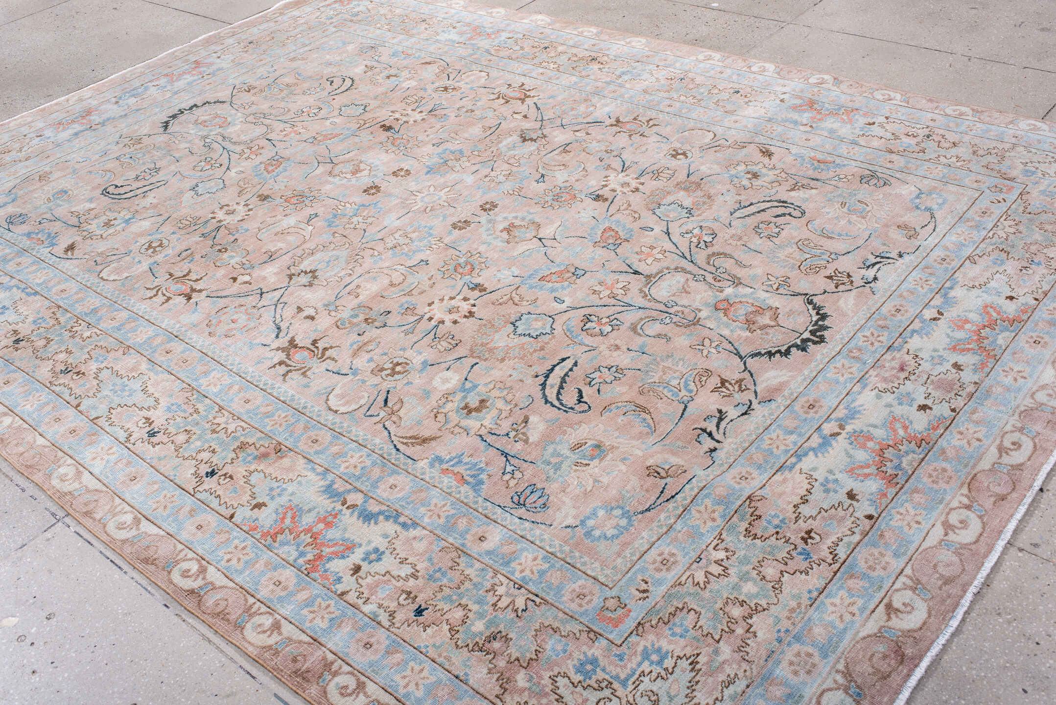 8' x 10' one-of-a-kind handmade antique Tabriz large size rug. Color palette: blush, ivory, pale blue, taupe, camel