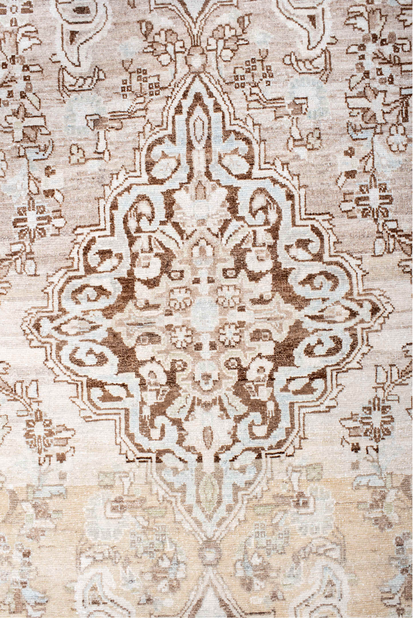 4' x 6' one-of-a-kind handmade antique Sarouk small size rug. Color palette: ivory, taupe, camel, brown, cream, beige, gray