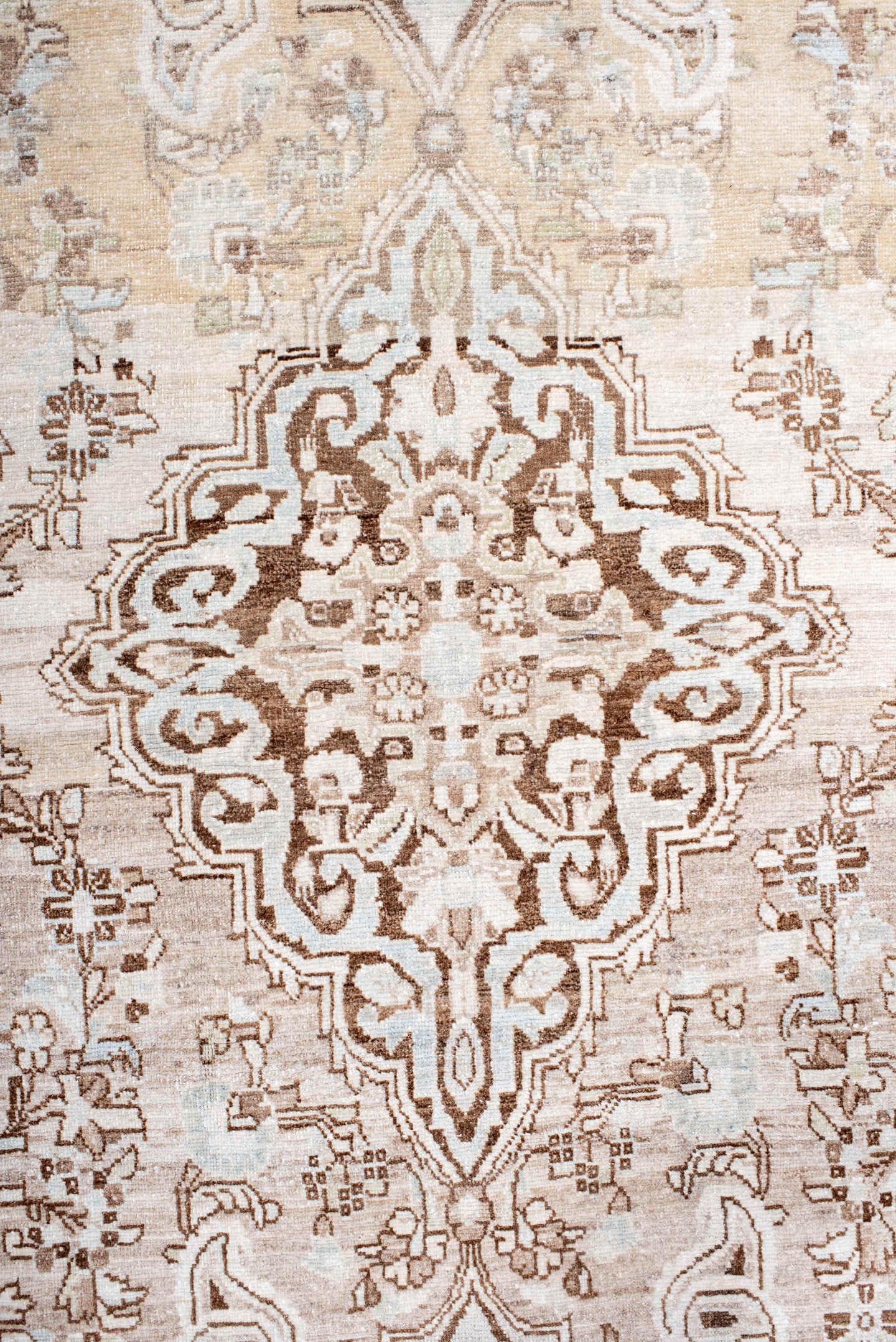 4' x 6' one-of-a-kind handmade antique Sarouk small size rug. Color palette: ivory, taupe, camel, brown, cream, beige, gray