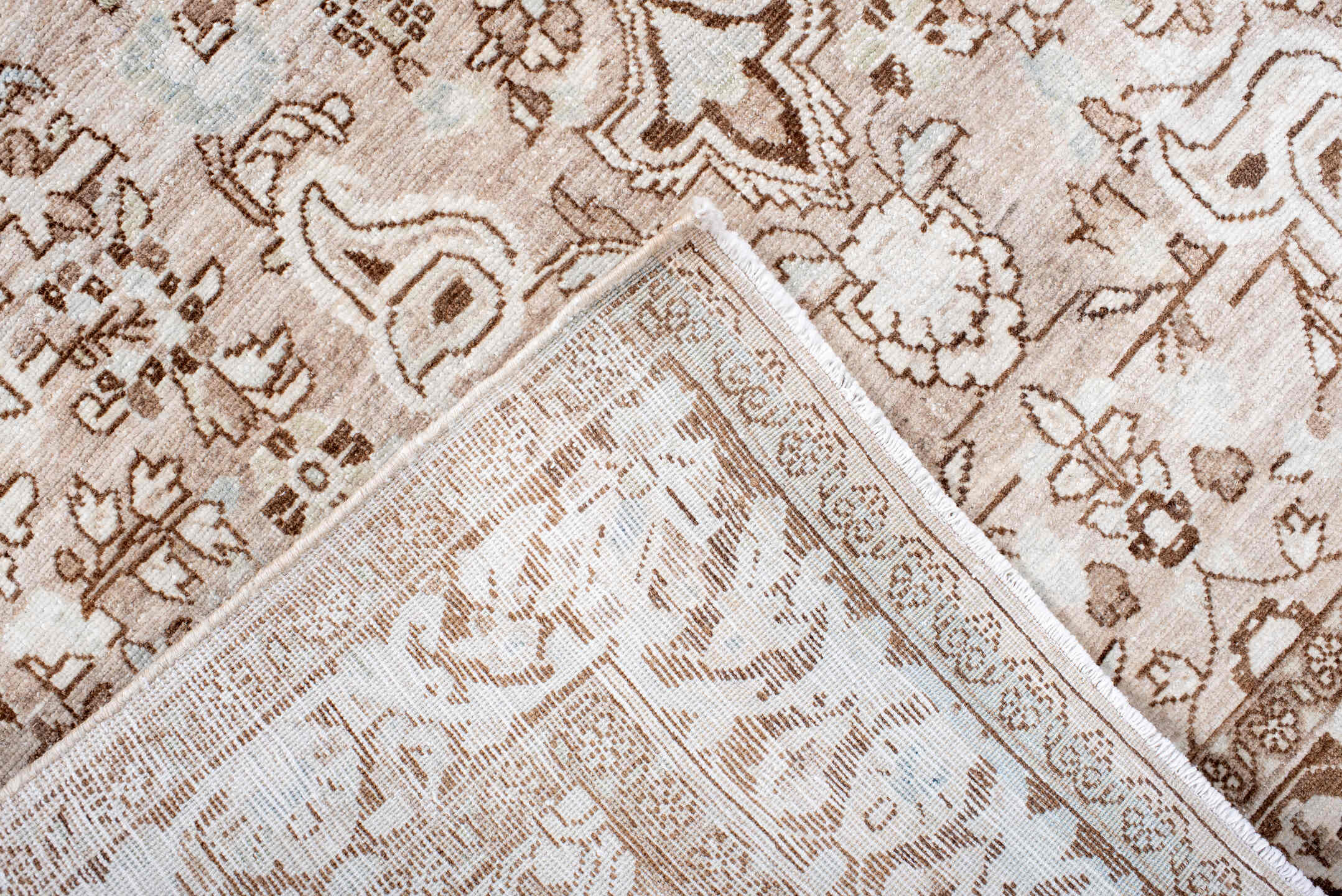 4' x 6' one-of-a-kind handmade antique Sarouk small size rug. Color palette: ivory, taupe, camel, brown, cream, beige, gray