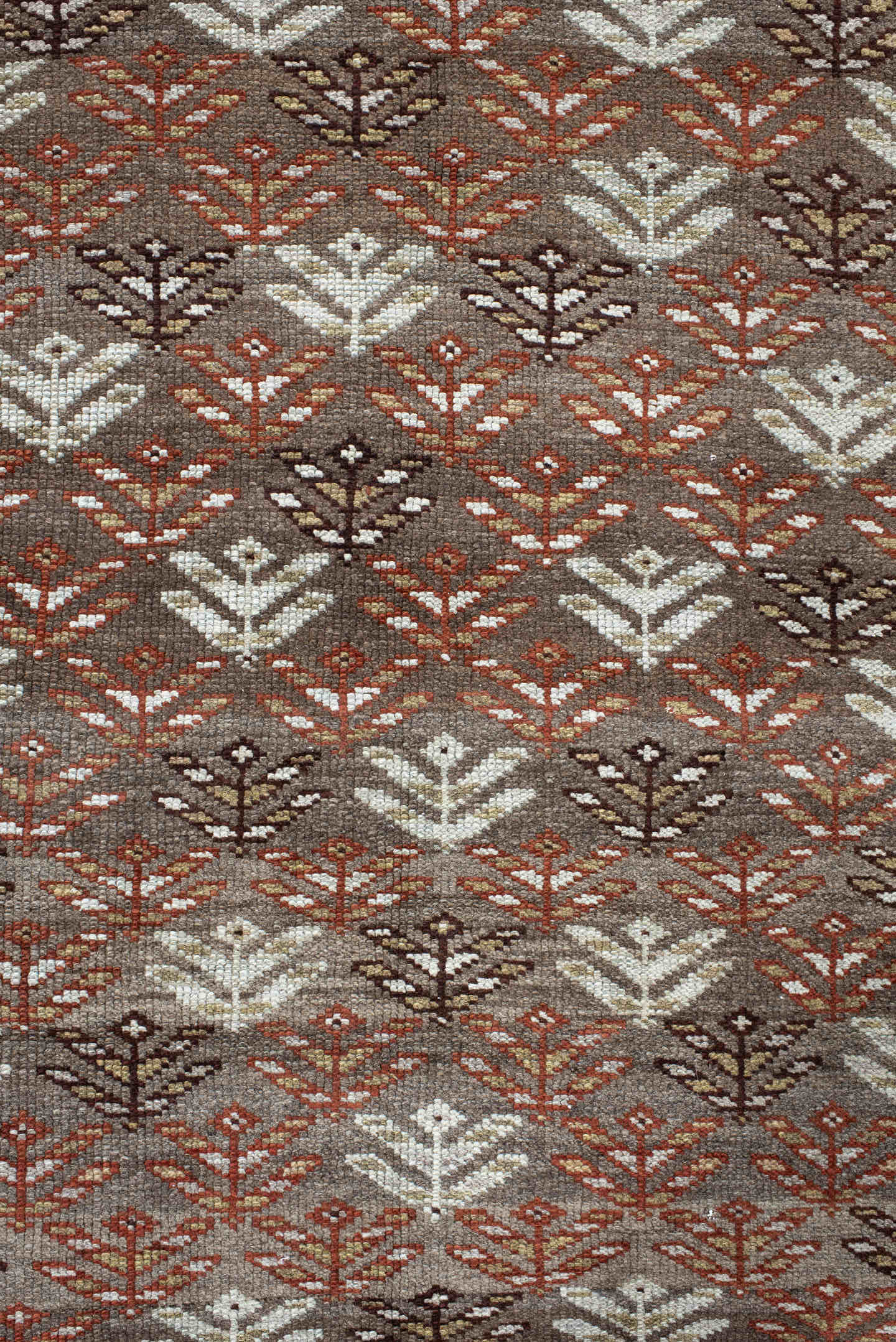 4' x 9' one-of-a-kind handmade antique Kurd runner rug. Color palette: taupe, brown, ivory, rust, charcoal, beige, gray