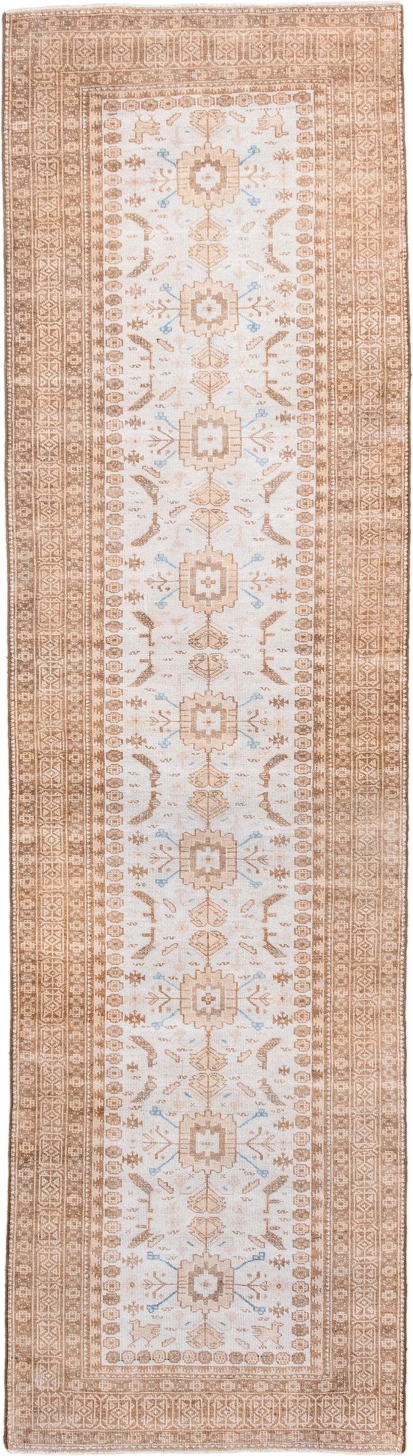 2' x 10' one-of-a-kind handmade antique Belouch runner rug. Color palette: ivory, camel, taupe, sand, pale blue, beige, gray