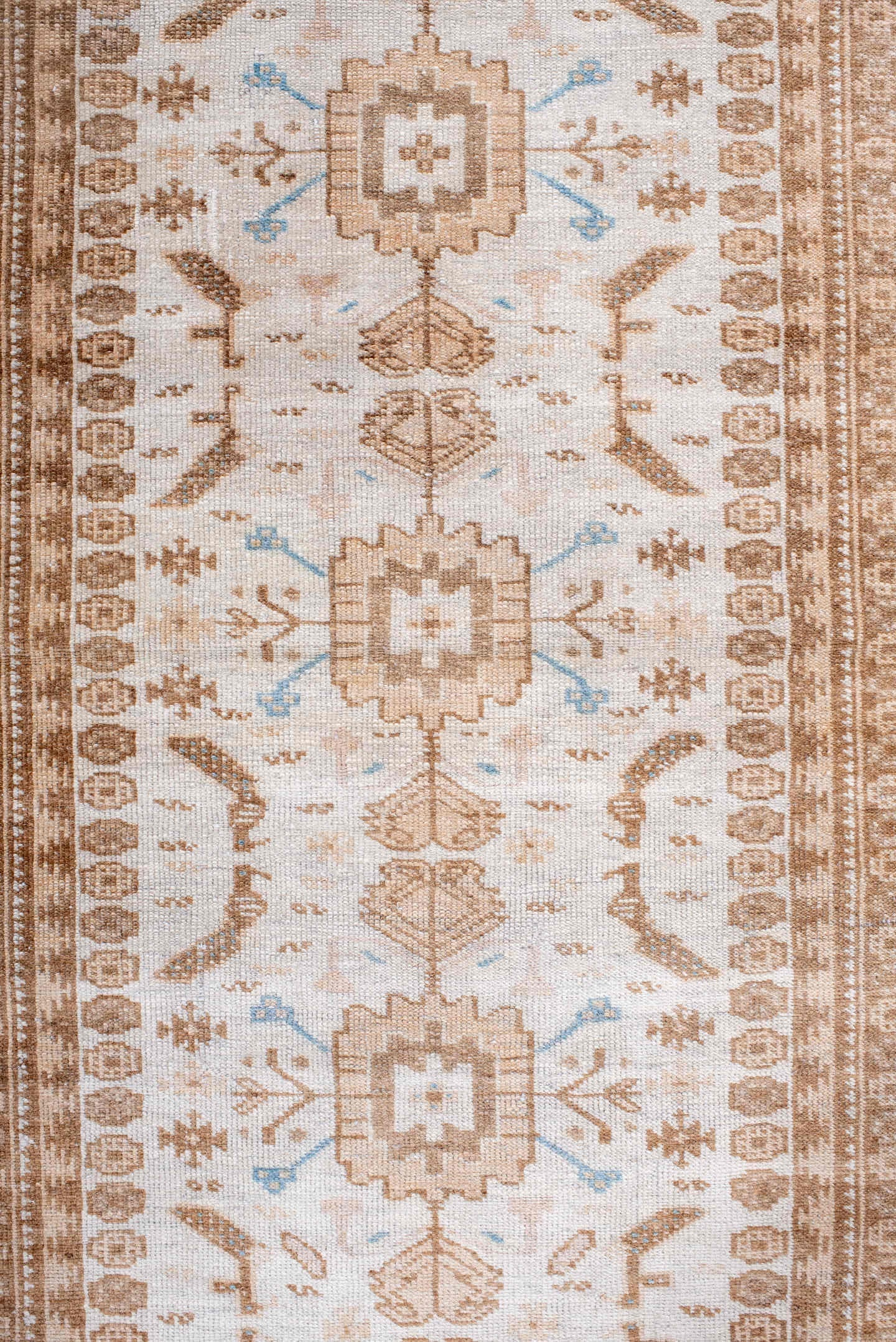2' x 10' one-of-a-kind handmade antique Belouch runner rug. Color palette: ivory, camel, taupe, sand, pale blue, beige, gray