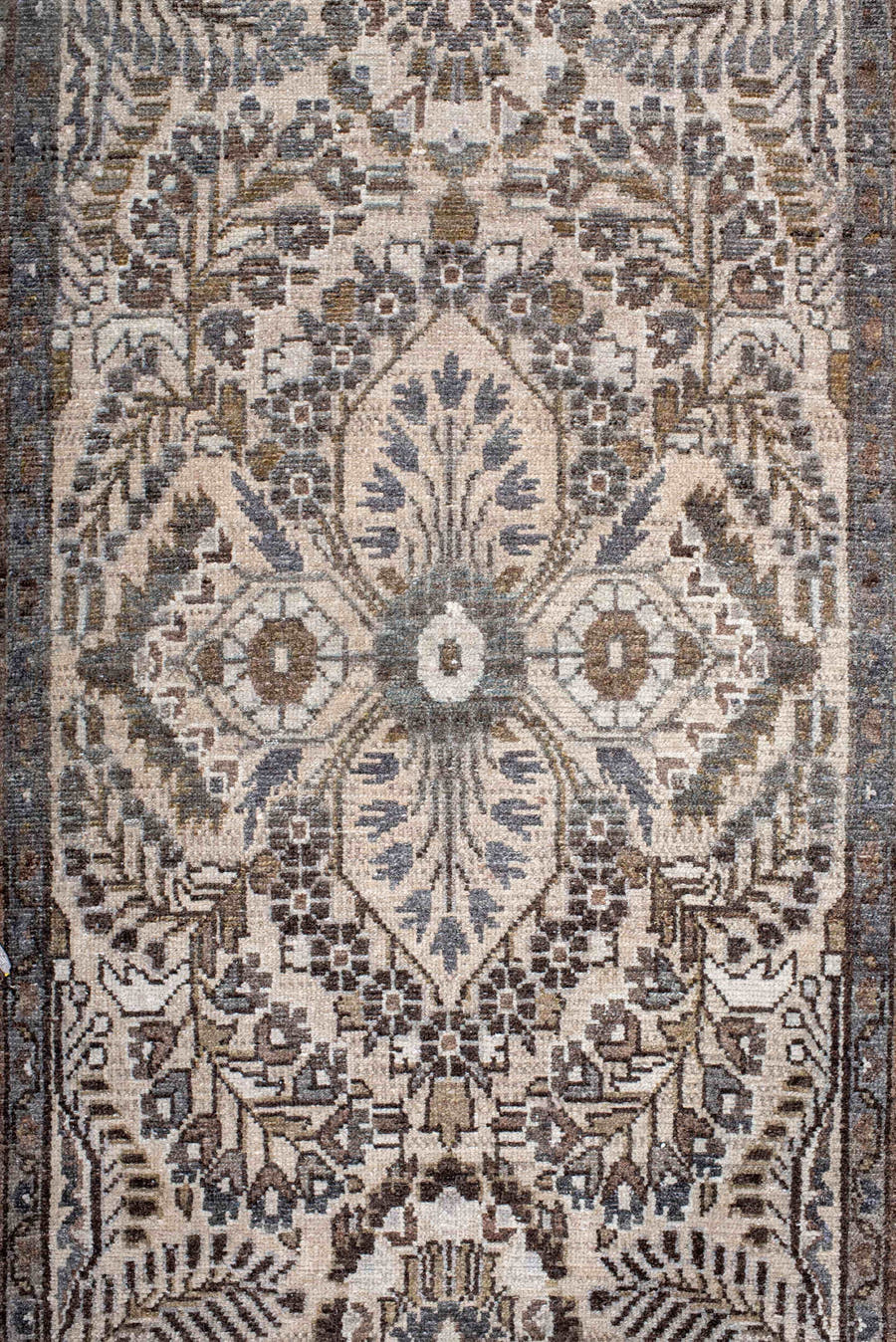 2' x 12' one-of-a-kind handmade antique Dargazin runner rug. Color palette: ivory, brown, taupe, charcoal, slate, camel