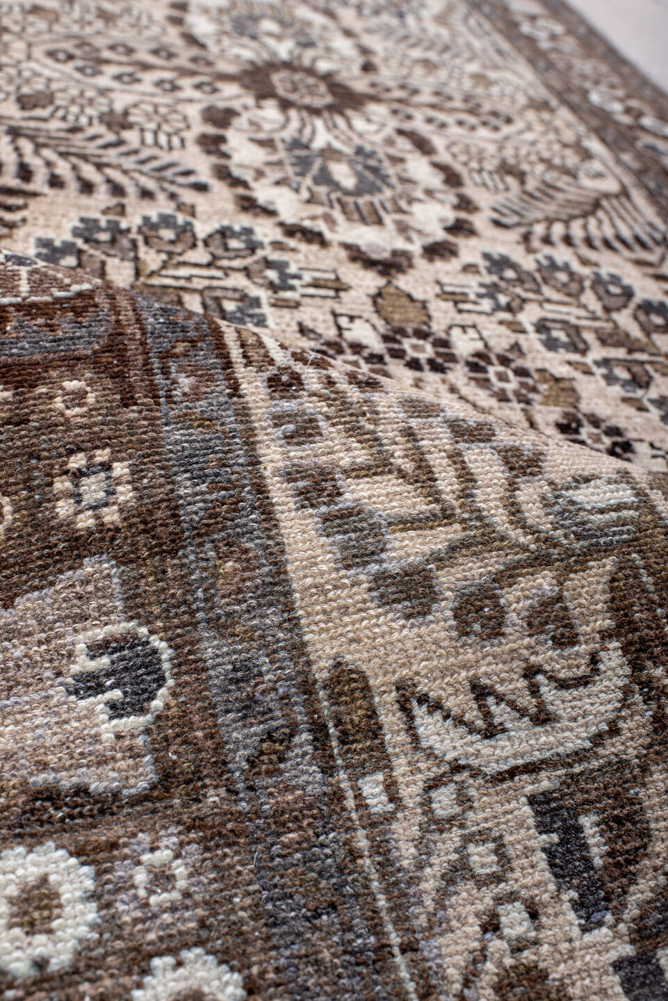 2' x 12' one-of-a-kind handmade antique Dargazin runner rug. Color palette: ivory, brown, taupe, charcoal, slate, camel