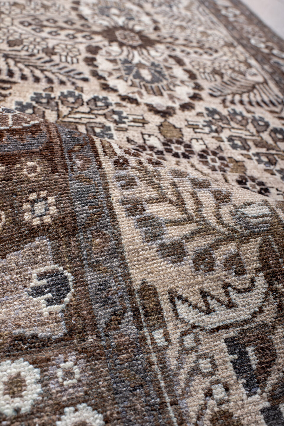 2' x 12' one-of-a-kind handmade antique Dargazin runner rug. Color palette: ivory, brown, taupe, charcoal, slate, camel