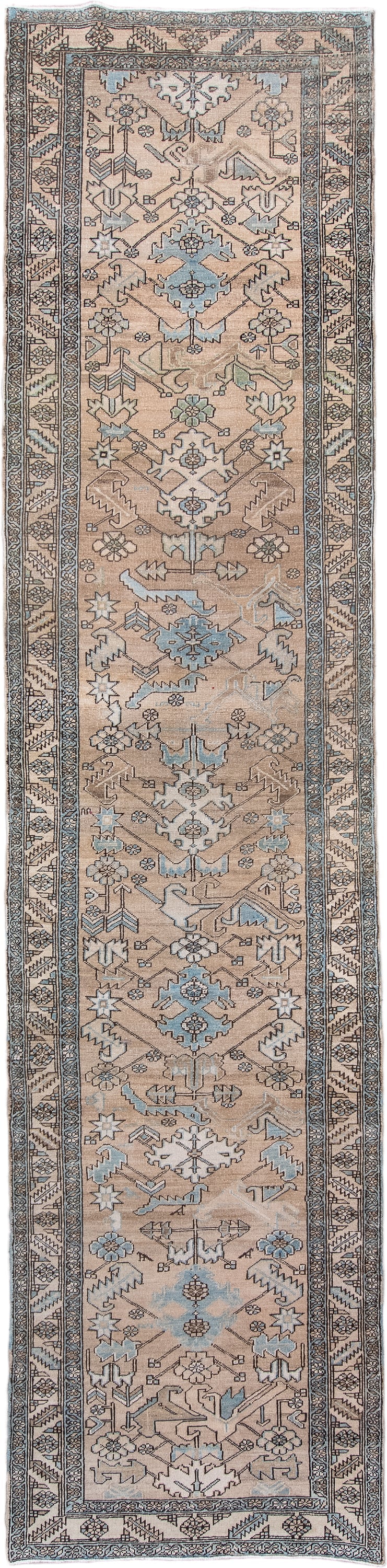 3' x 14' one-of-a-kind handmade antique Heriz runner rug. Color palette: camel, ivory, pale blue, charcoal, taupe, slate