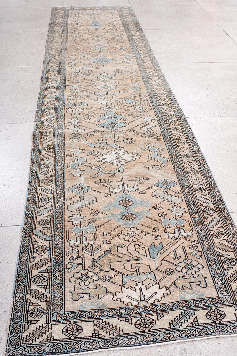 3' x 14' one-of-a-kind handmade antique Heriz runner rug. Color palette: camel, ivory, pale blue, charcoal, taupe, slate