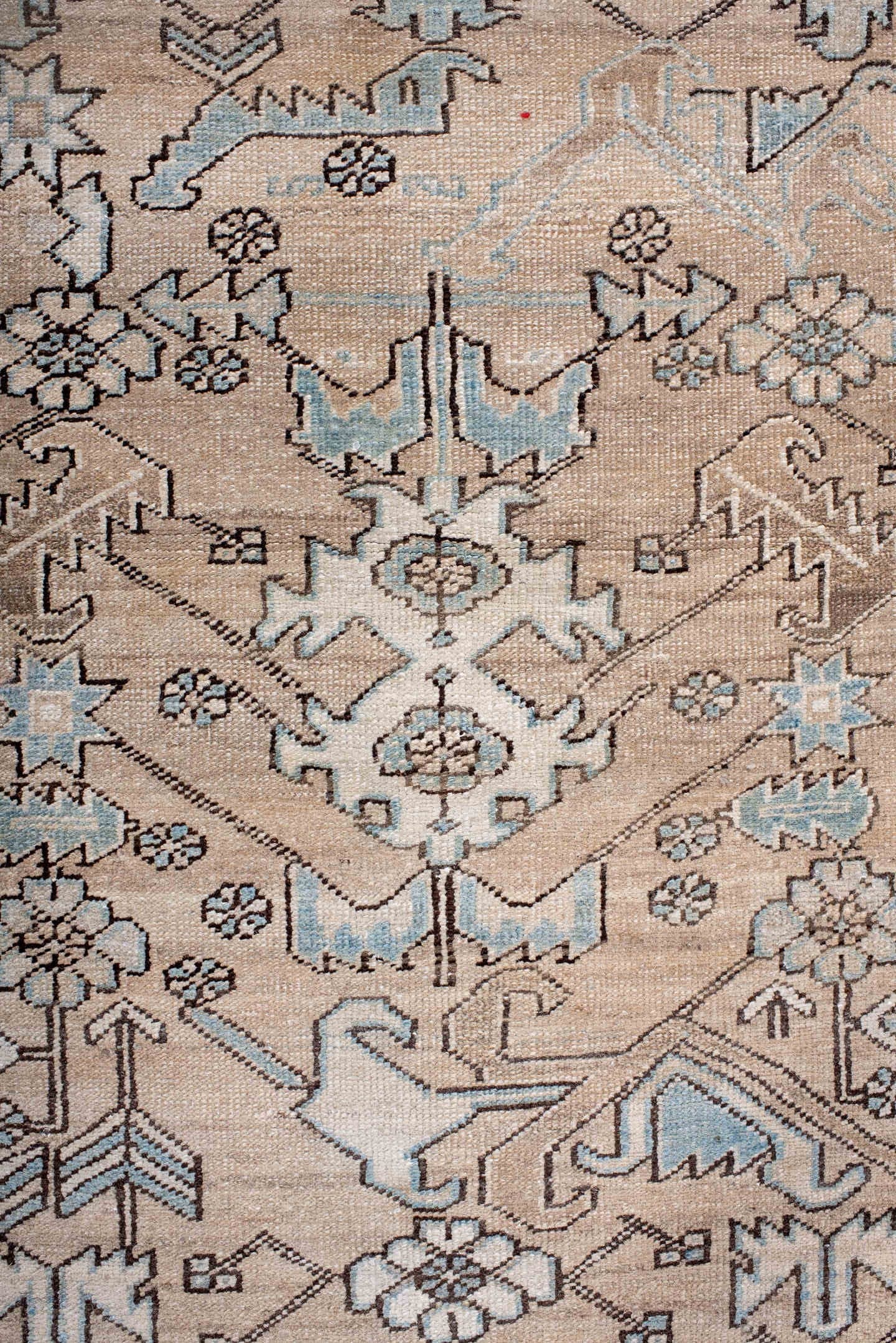 3' x 14' one-of-a-kind handmade antique Heriz runner rug. Color palette: camel, ivory, pale blue, charcoal, taupe, slate