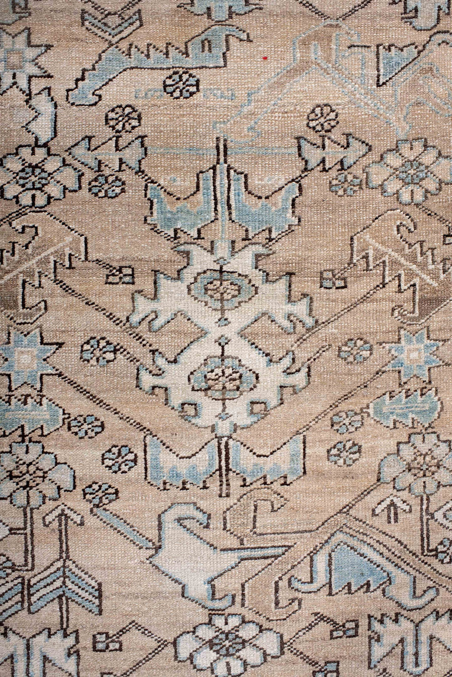 3' x 14' one-of-a-kind handmade antique Heriz runner rug. Color palette: camel, ivory, pale blue, charcoal, taupe, slate