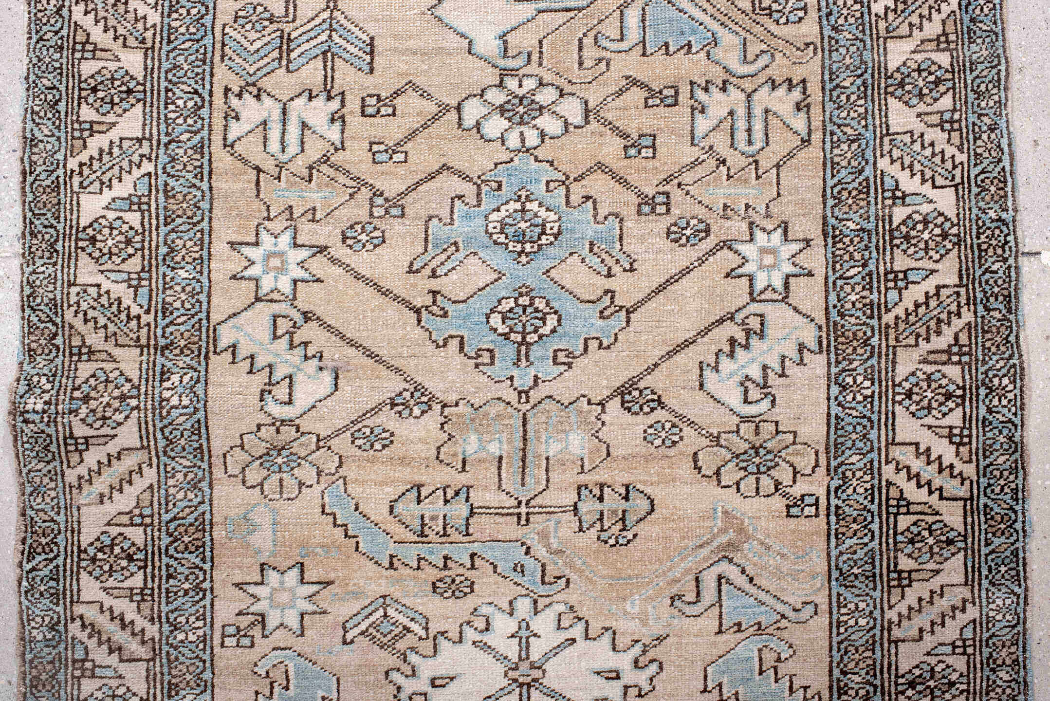 3' x 14' one-of-a-kind handmade antique Heriz runner rug. Color palette: camel, ivory, pale blue, charcoal, taupe, slate