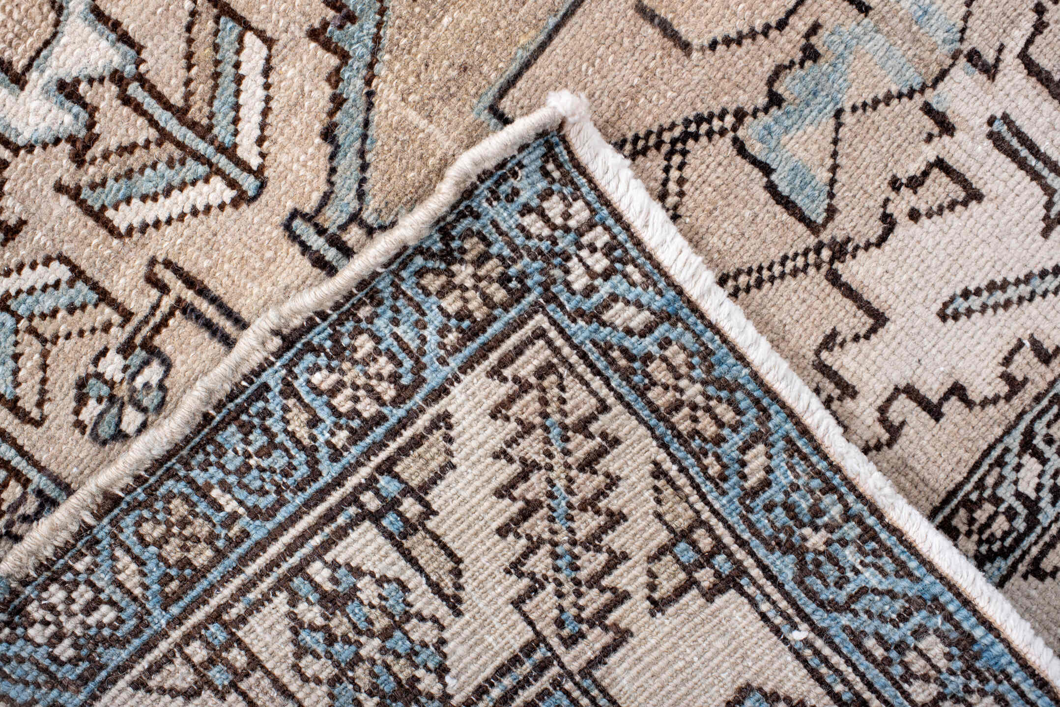 3' x 14' one-of-a-kind handmade antique Heriz runner rug. Color palette: camel, ivory, pale blue, charcoal, taupe, slate