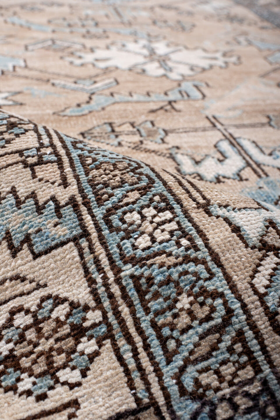 3' x 14' one-of-a-kind handmade antique Heriz runner rug. Color palette: camel, ivory, pale blue, charcoal, taupe, slate