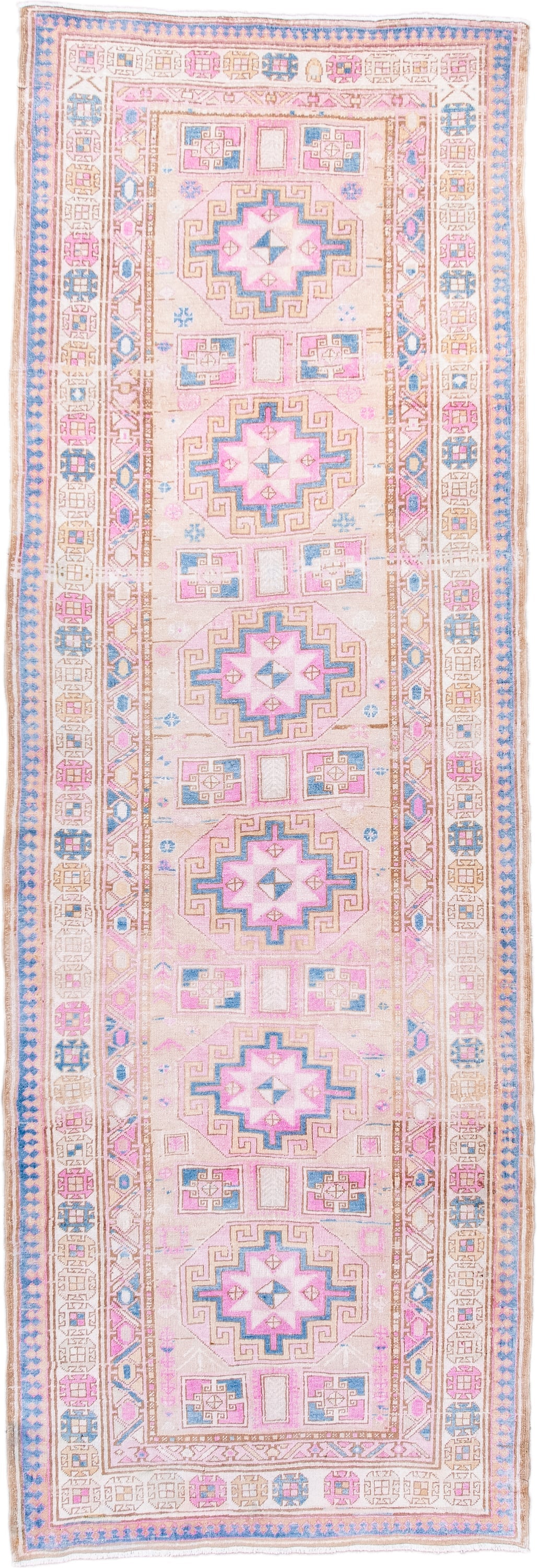 3' x 9' one-of-a-kind handmade antique Sarab runner rug. Color palette: ivory, blush, sky blue, camel, taupe, rose, pink