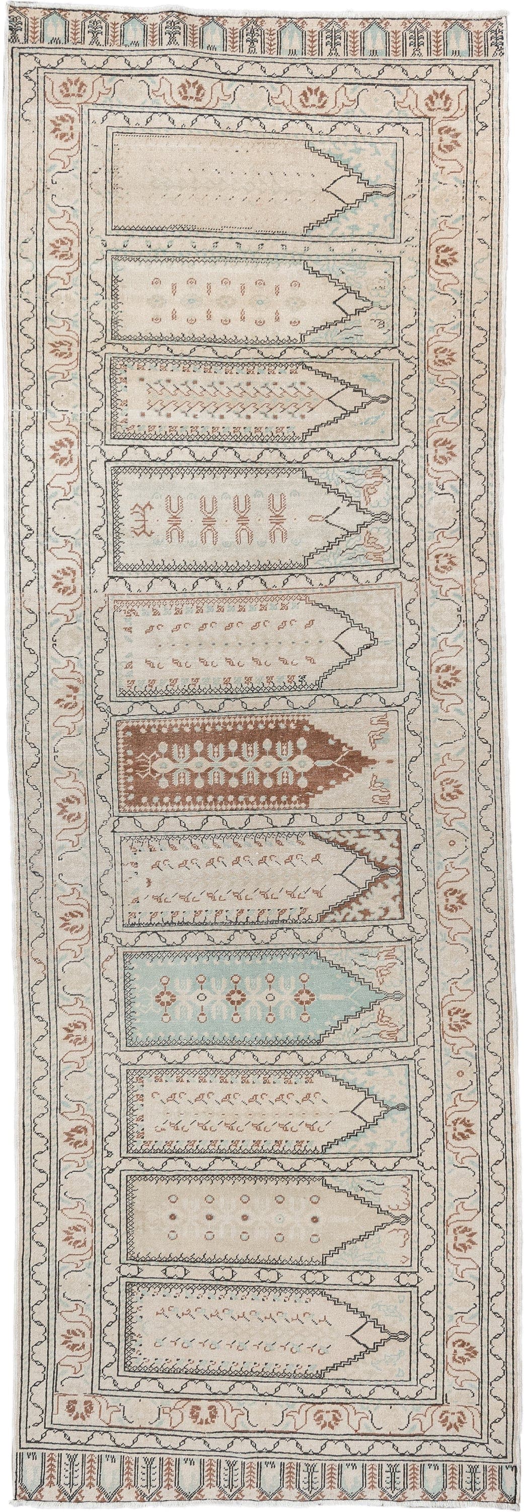 3' x 9' one-of-a-kind handmade antique Kaisary runner rug. Color palette: ivory, taupe, pale aqua, terracotta, camel