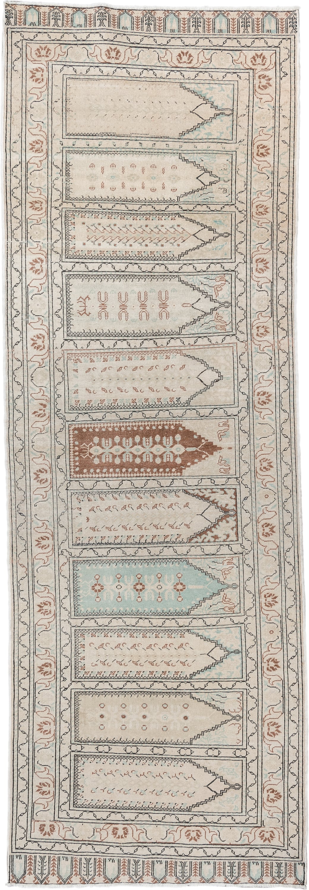 3' x 9' one-of-a-kind handmade antique Kaisary runner rug. Color palette: ivory, taupe, pale aqua, terracotta, camel