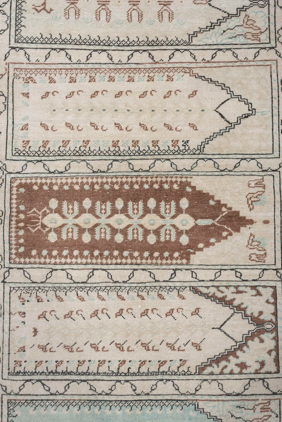 3' x 9' one-of-a-kind handmade antique Kaisary runner rug. Color palette: ivory, taupe, pale aqua, terracotta, camel