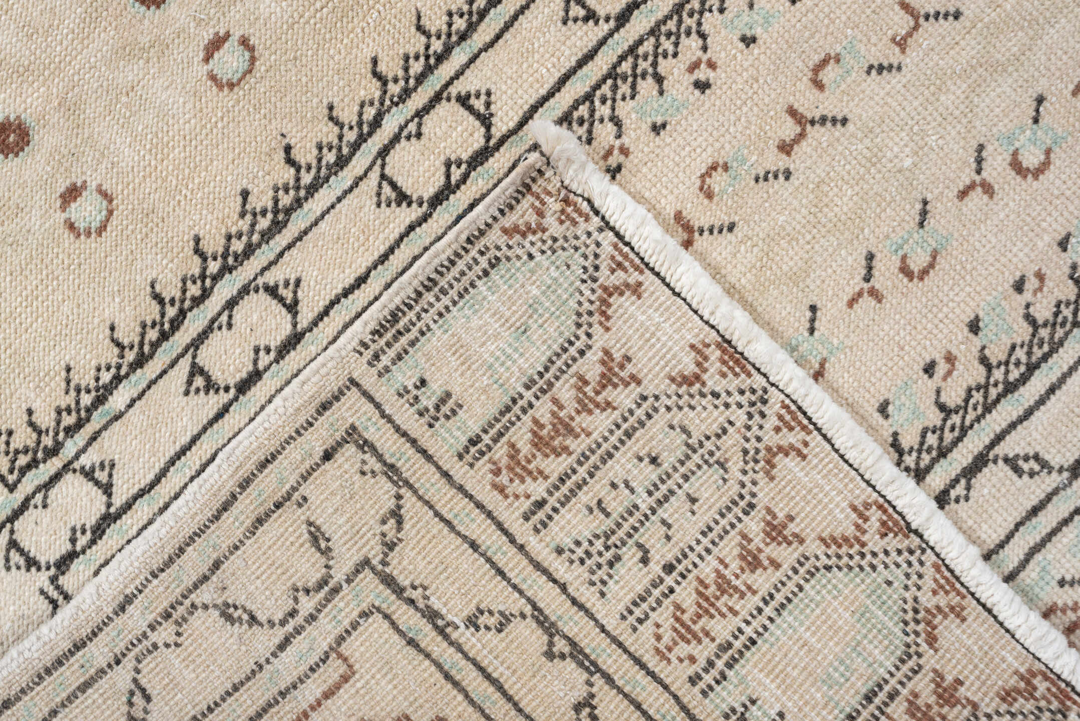 3' x 9' one-of-a-kind handmade antique Kaisary runner rug. Color palette: ivory, taupe, pale aqua, terracotta, camel