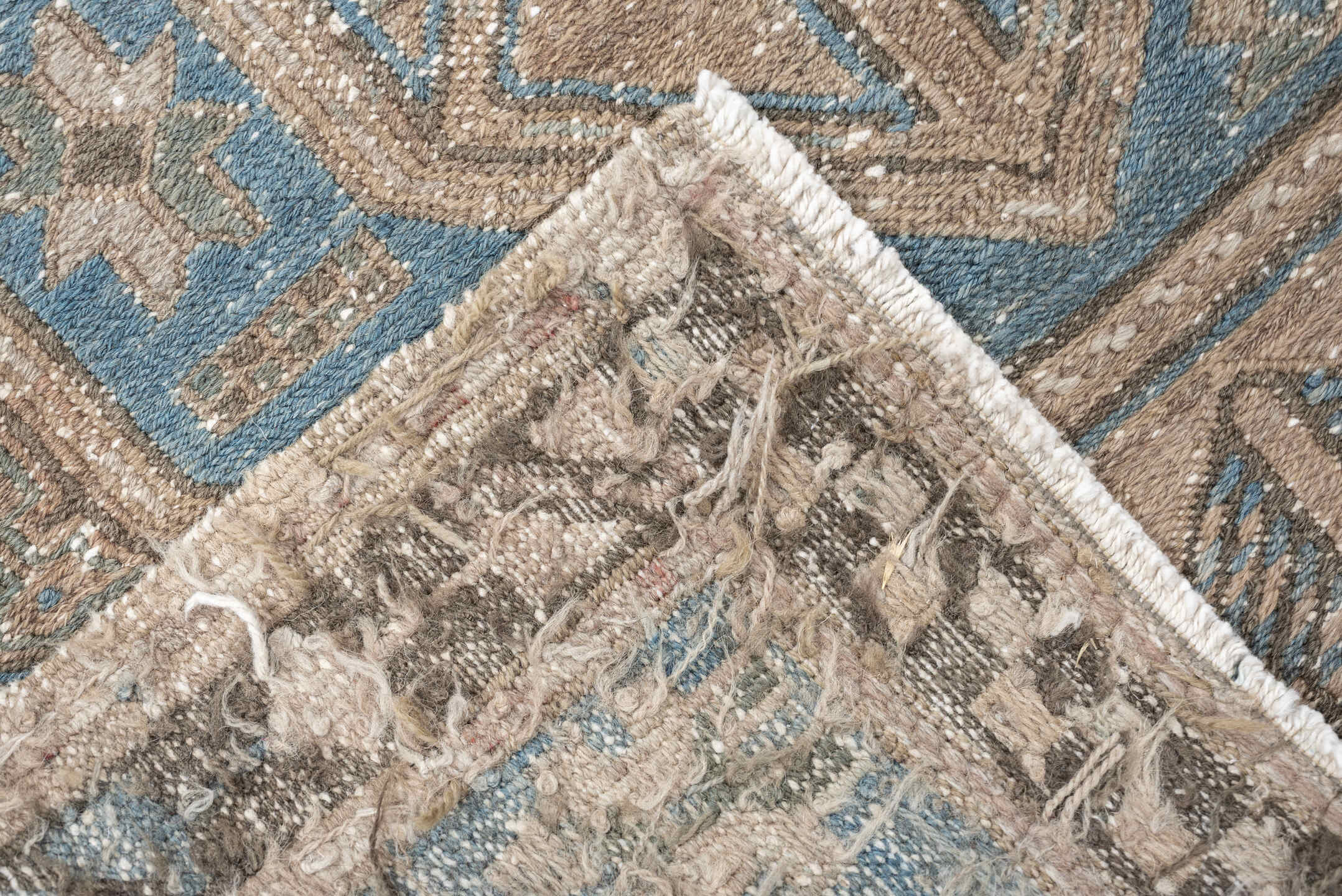 3' x 10' one-of-a-kind handmade vintage Sumak runner rug. Color palette: ivory, sky blue, taupe, charcoal, beige, slate