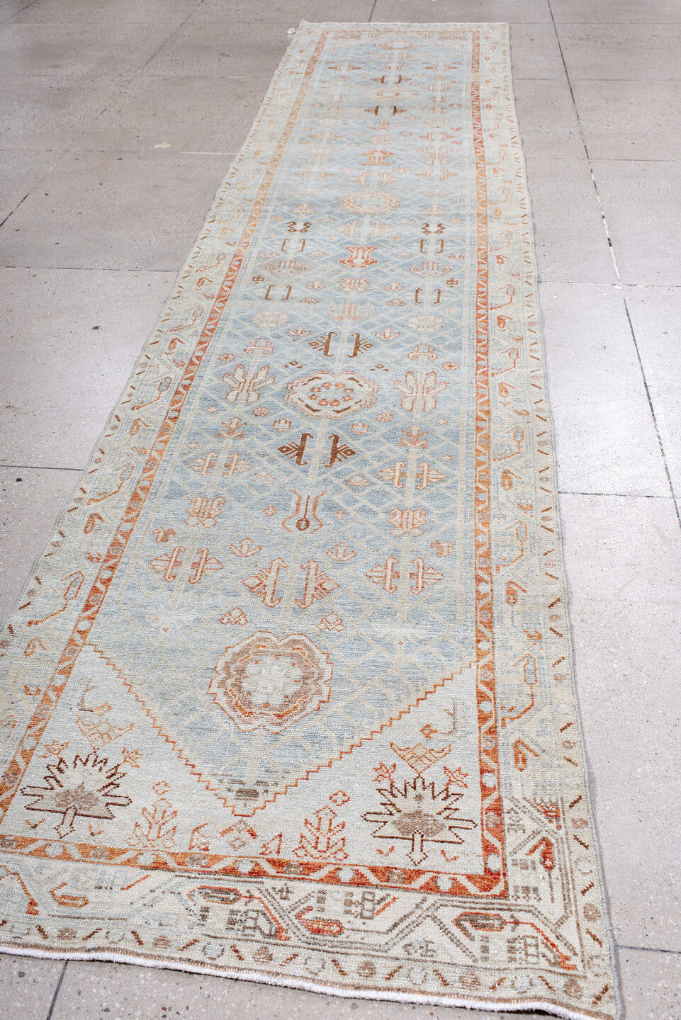 3' x 15' one-of-a-kind handmade antique Malayer runner rug. Color palette: ivory, pale blue, rust, camel, taupe, soft brown