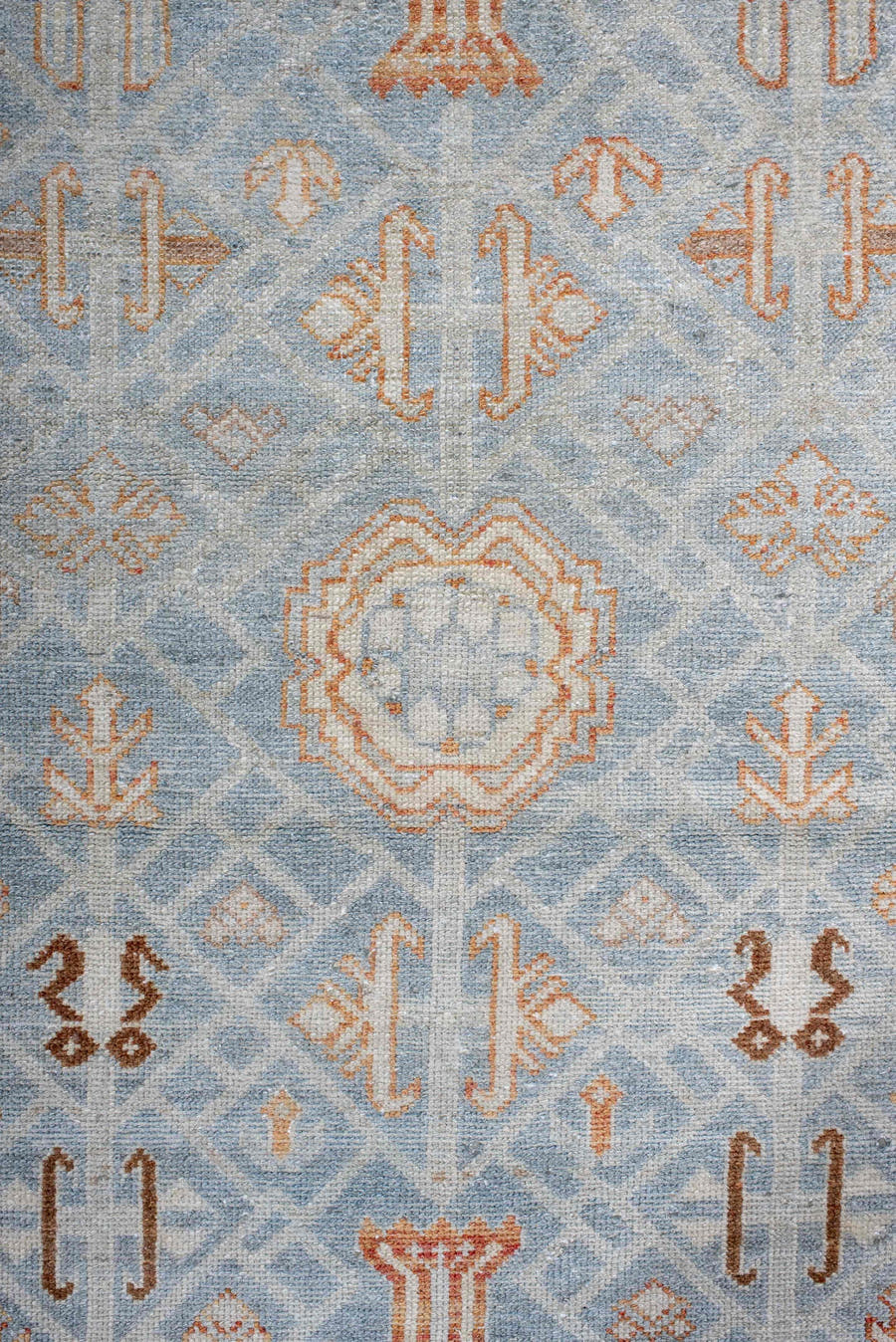 3' x 15' one-of-a-kind handmade antique Malayer runner rug. Color palette: ivory, pale blue, rust, camel, taupe, soft brown