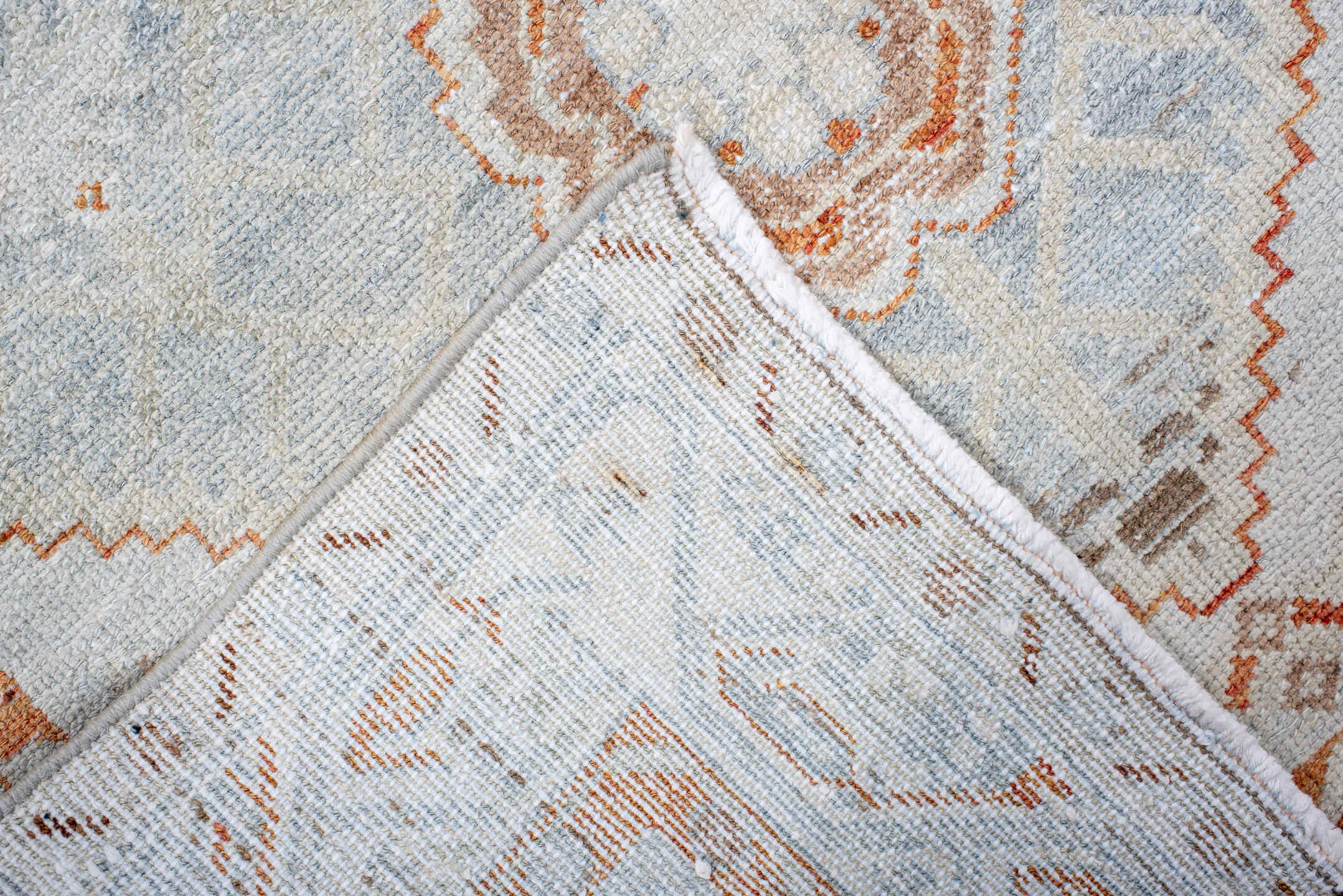 3' x 15' one-of-a-kind handmade antique Malayer runner rug. Color palette: ivory, pale blue, rust, camel, taupe, soft brown